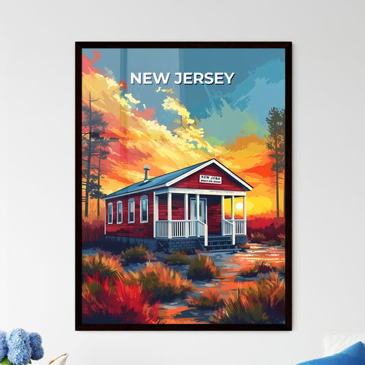 Vibrant Red House in New Jersey Field Landscape, Artistic Painting Nature Trees