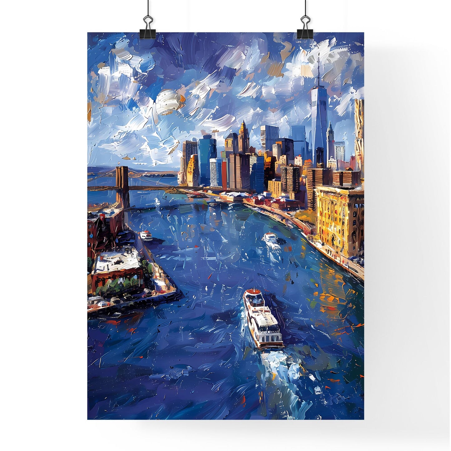 Painting: Abstract Cityscape with Bridge and Boats - Vibrant Artwork, New York City Default Title