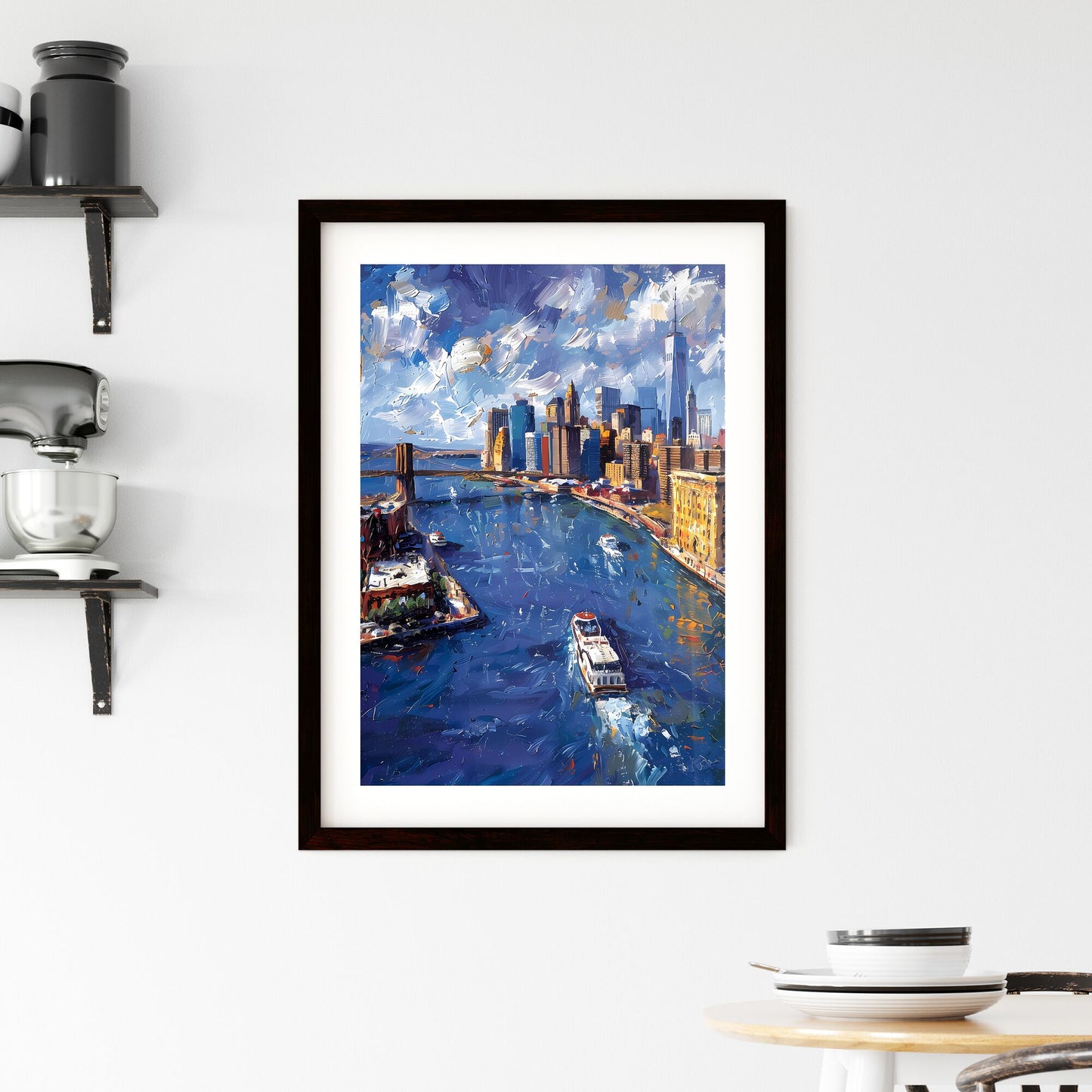 Painting: Abstract Cityscape with Bridge and Boats - Vibrant Artwork, New York City Default Title