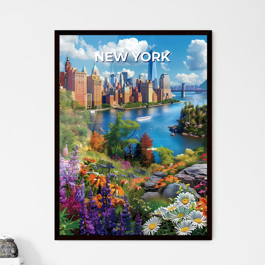 Colorful Manhattan Painting: Unique City Art Featuring a River and Flowers Framed Art