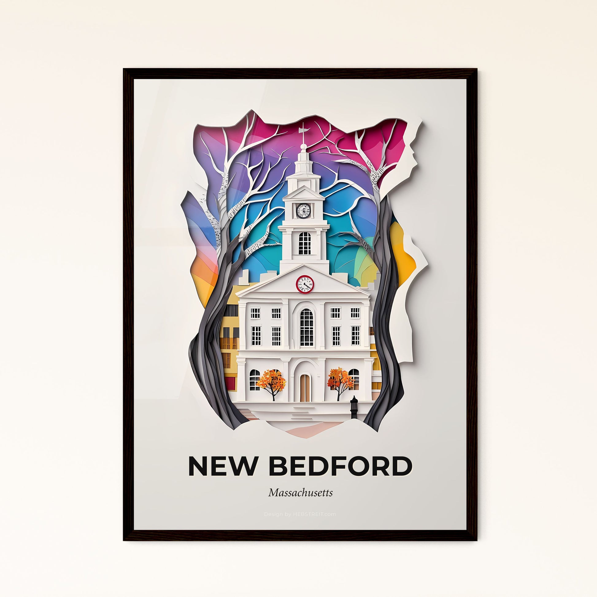 Vivid New Bedford, Massachusetts - a paper cut of a church with a clock on it