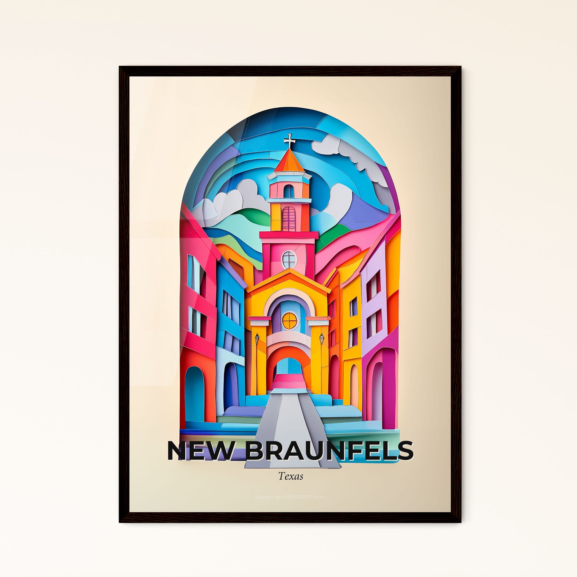 Vivid New Braunfels, Texas - a colorful church with a clock tower in the middle of it