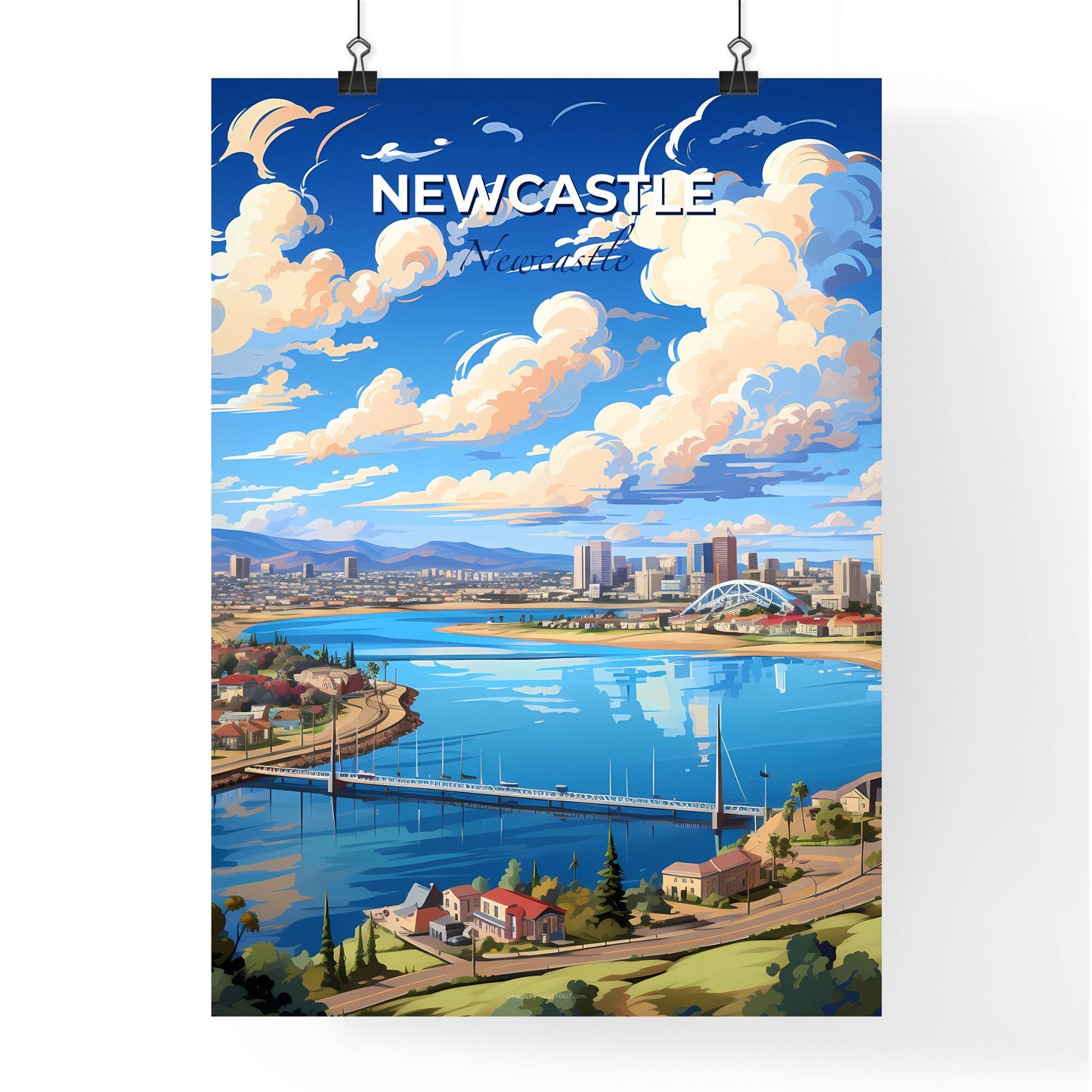 Abstract Cityscape of Newcastle Australia with Vivid Painting Style and River Bridge Default Title
