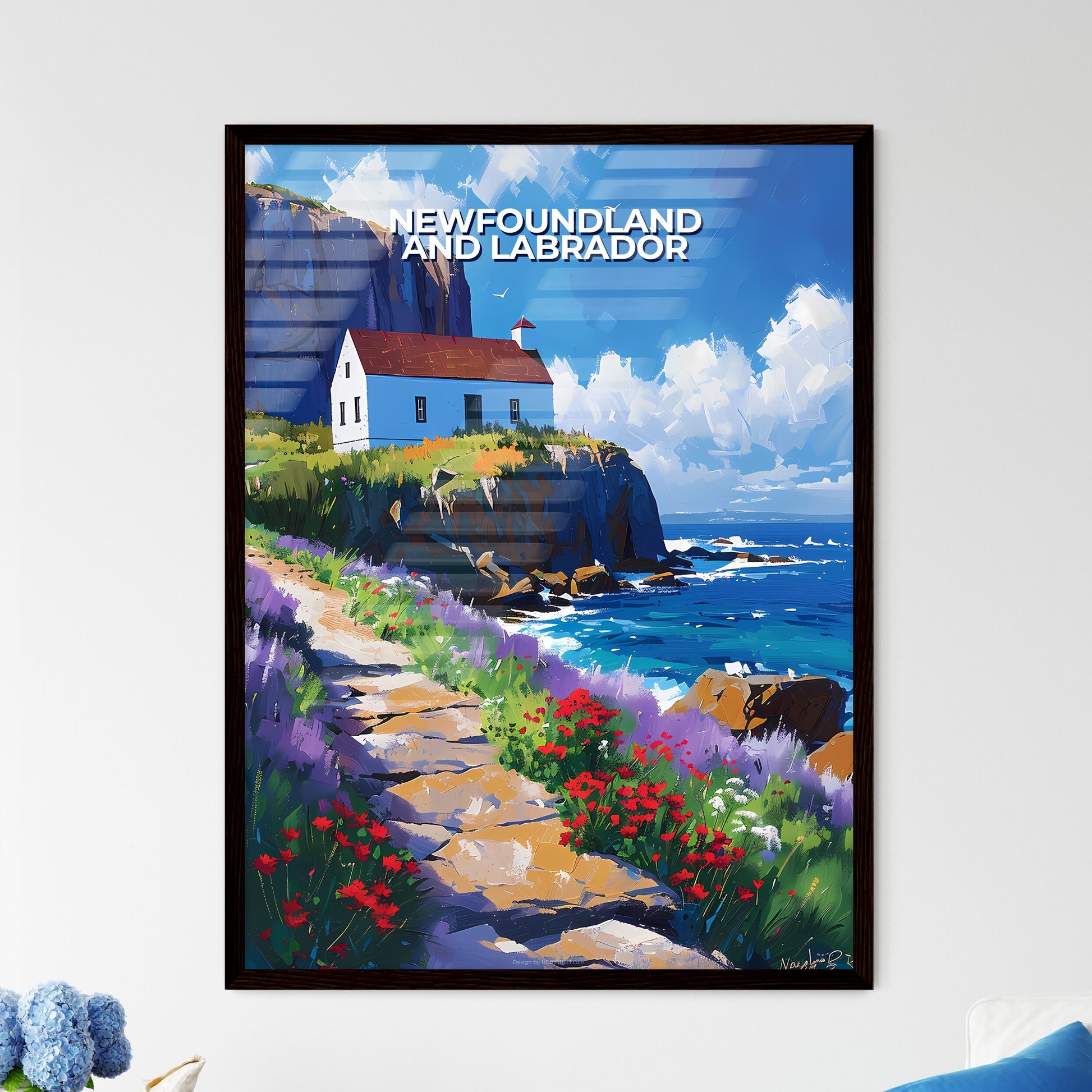Art Print - Newfoundland and Labrador, Canada - Painting of House by the Ocean Framed Art