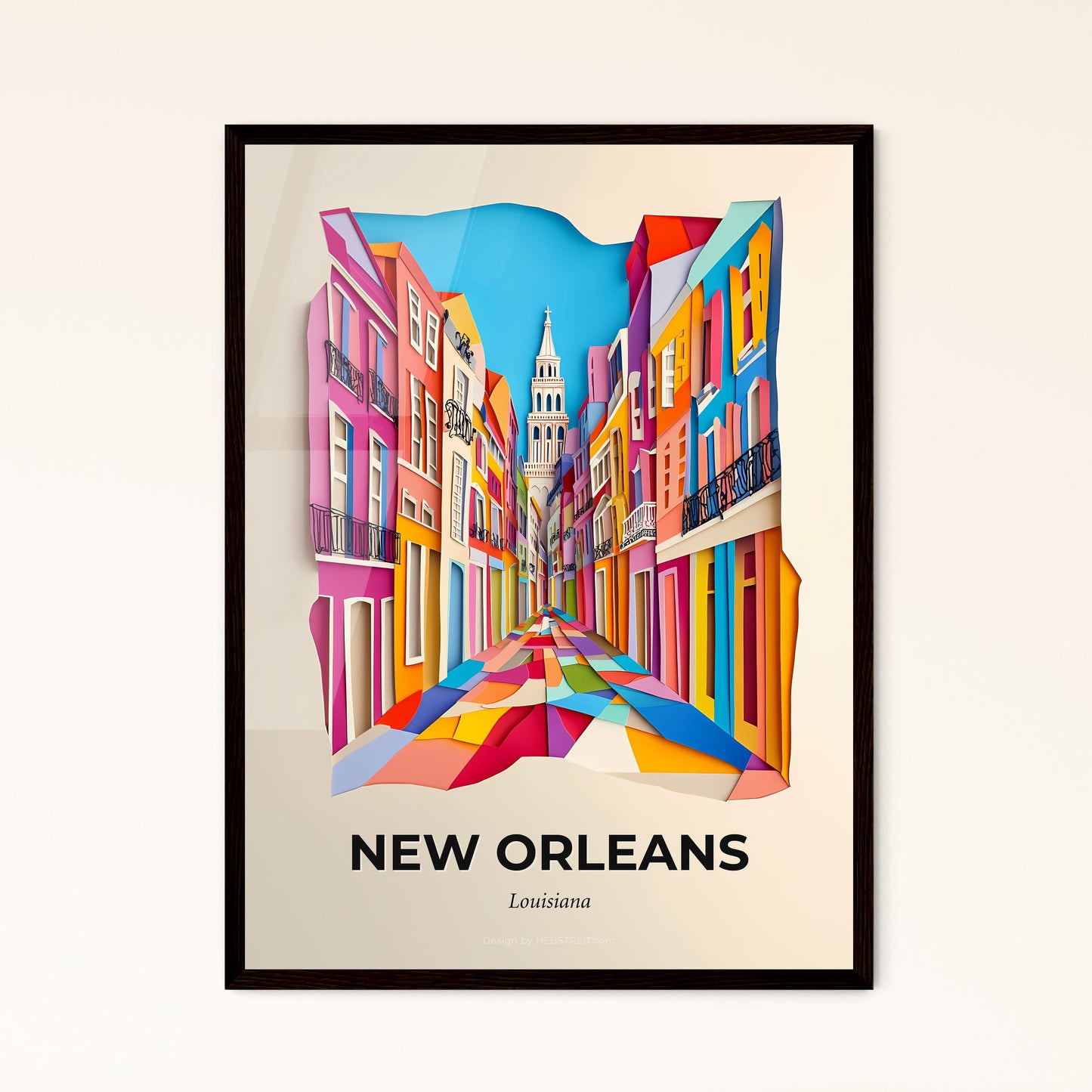 Vivid New Orleans, Louisiana - a colorful street with a clock tower in the background