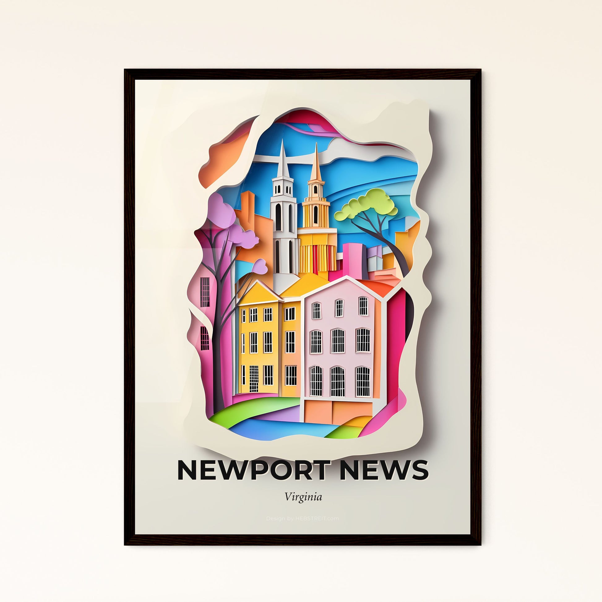 Vivid Newport News, Virginia - a paper cut of a city with a church