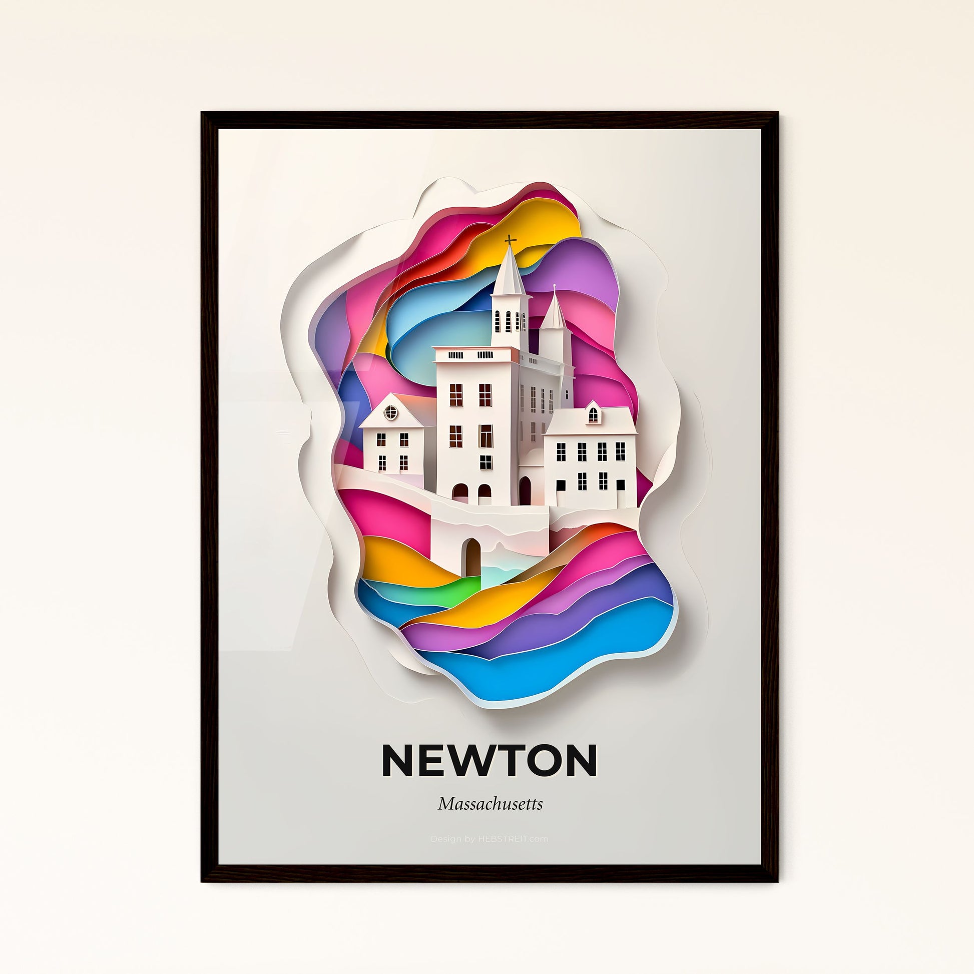 Vivid Newton, Massachusetts - a paper cut of a church with a rainbow wave