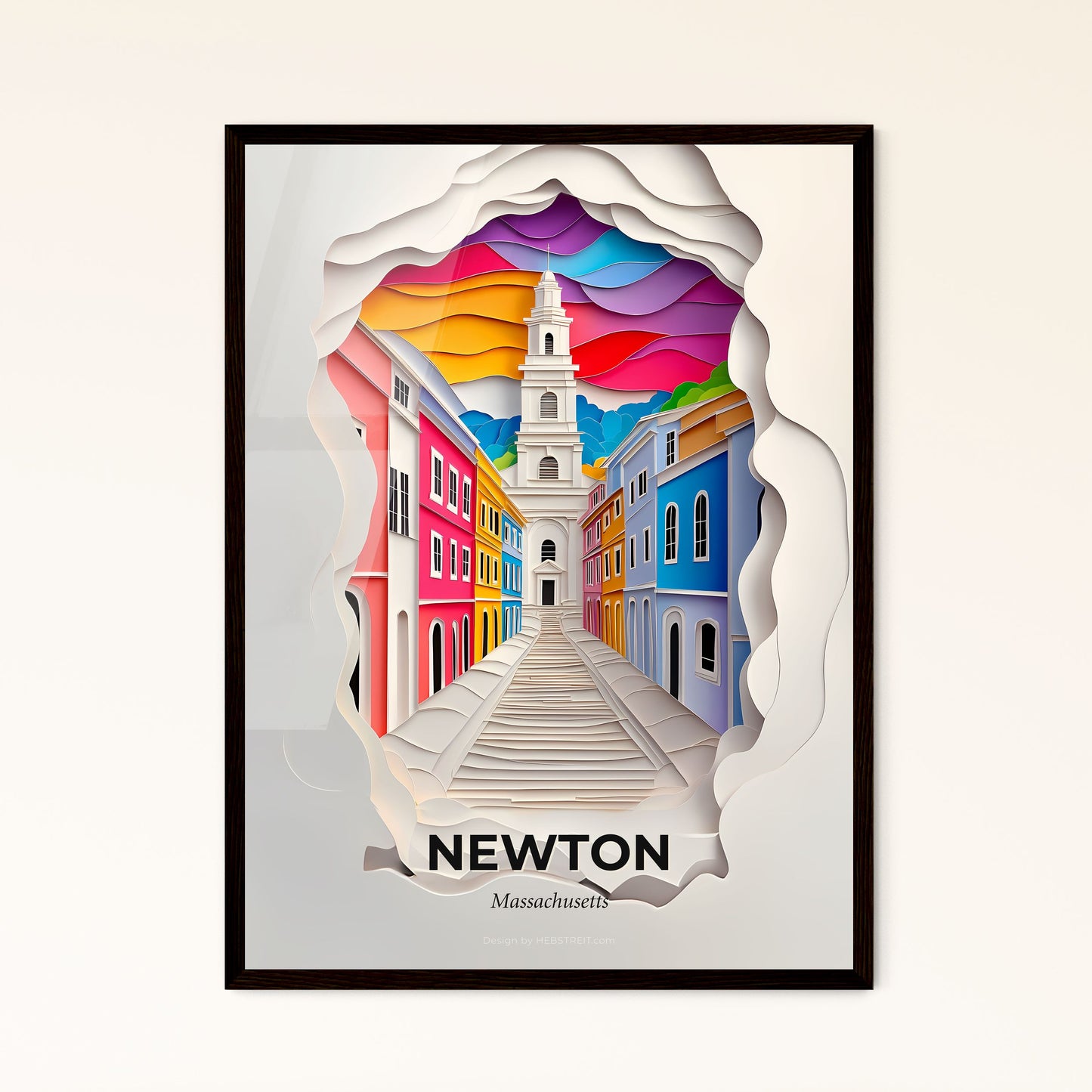 Vivid Newton, Massachusetts - a paper cut of a city with a clock tower