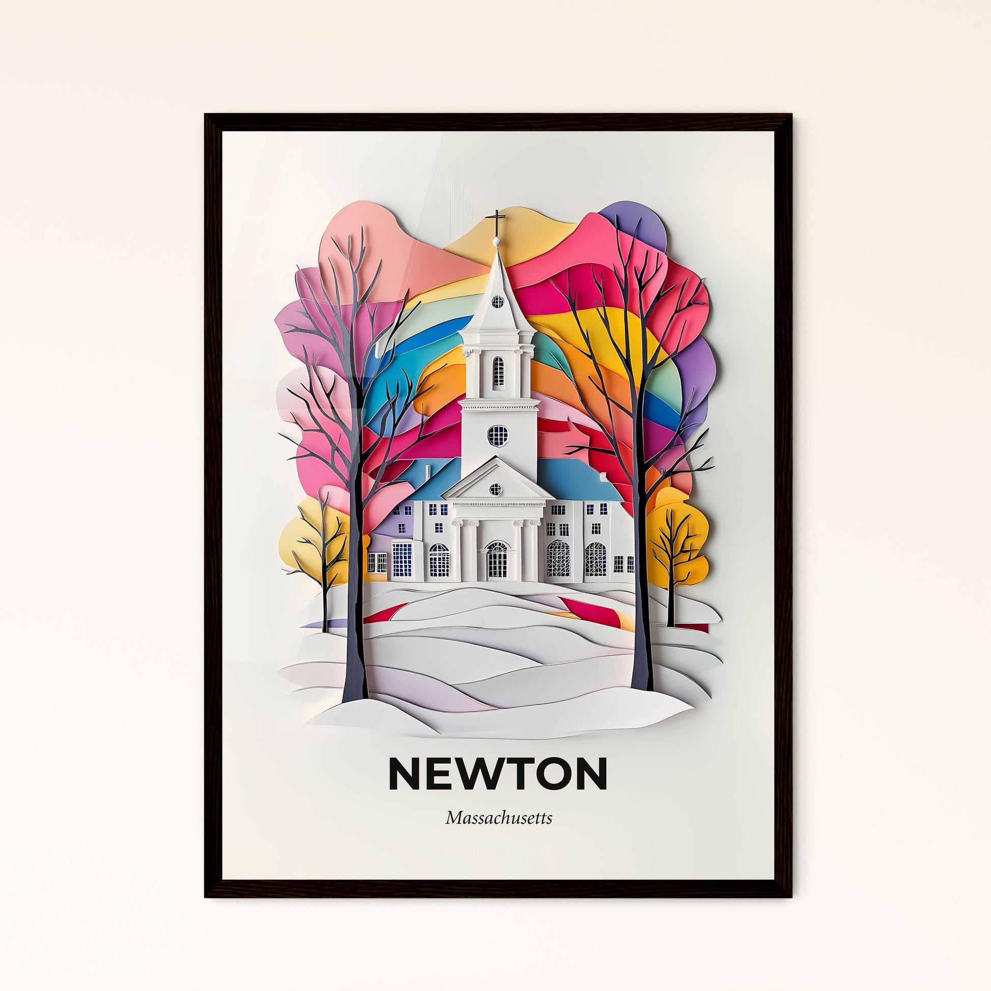 Vivid Newton, Massachusetts - a paper cut of a church with trees in the foreground