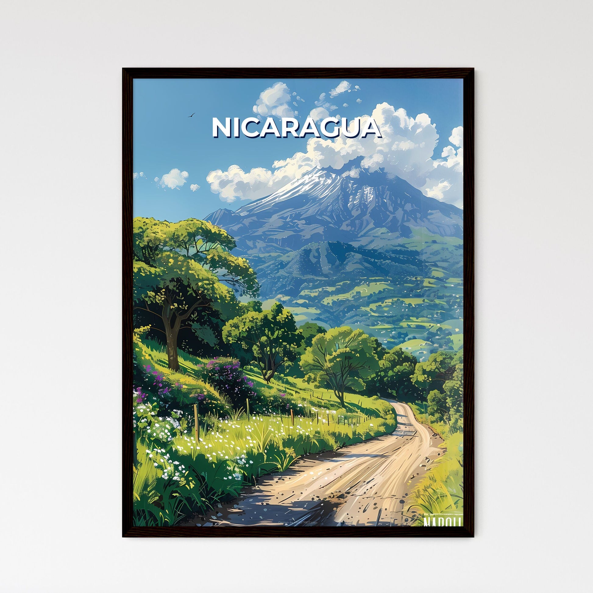 Artistic Landscape Painting of Nicaragua, North America: Mountain, Valley, Dirt Road, Vibrant Colors