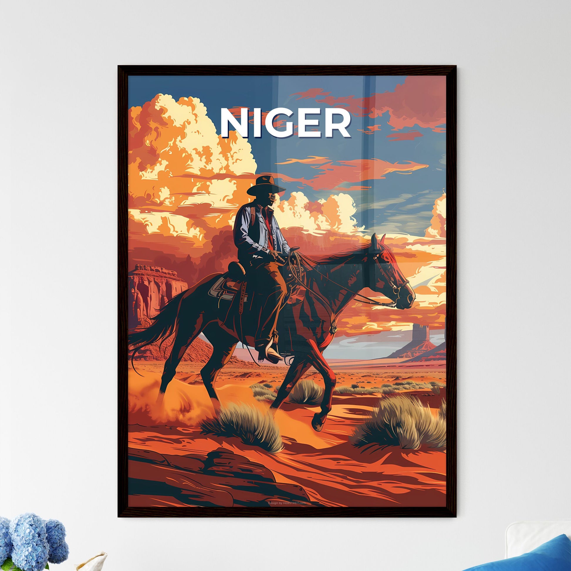 Vibrant African Art: Equine Rider Depicted in Desert Painting Niger