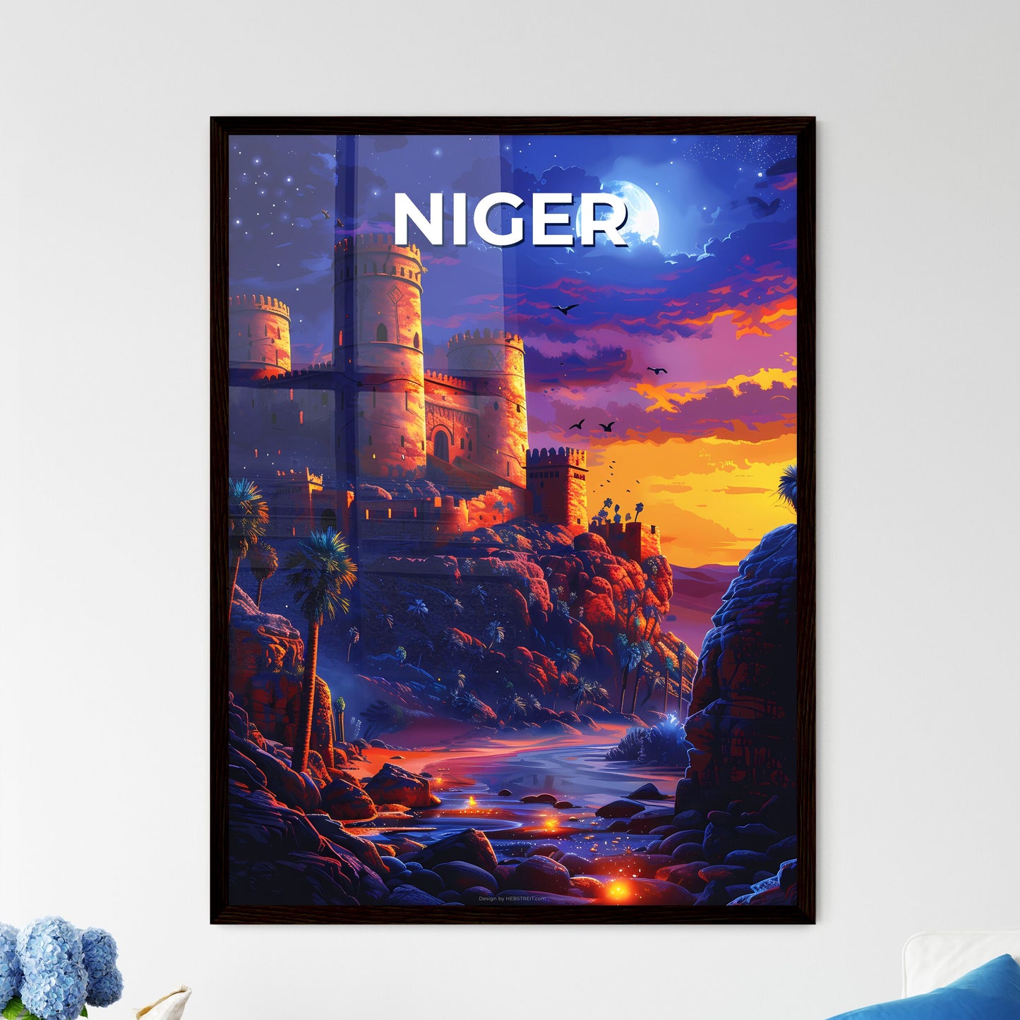 African Art Castle River Moon Hill Painting Vibrant Colorful Artwork