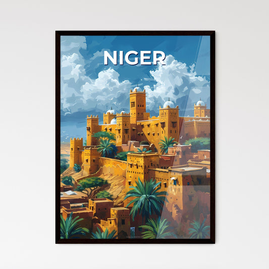 Vibrant African Castle Painting of Niger with Palm Trees on a Hill