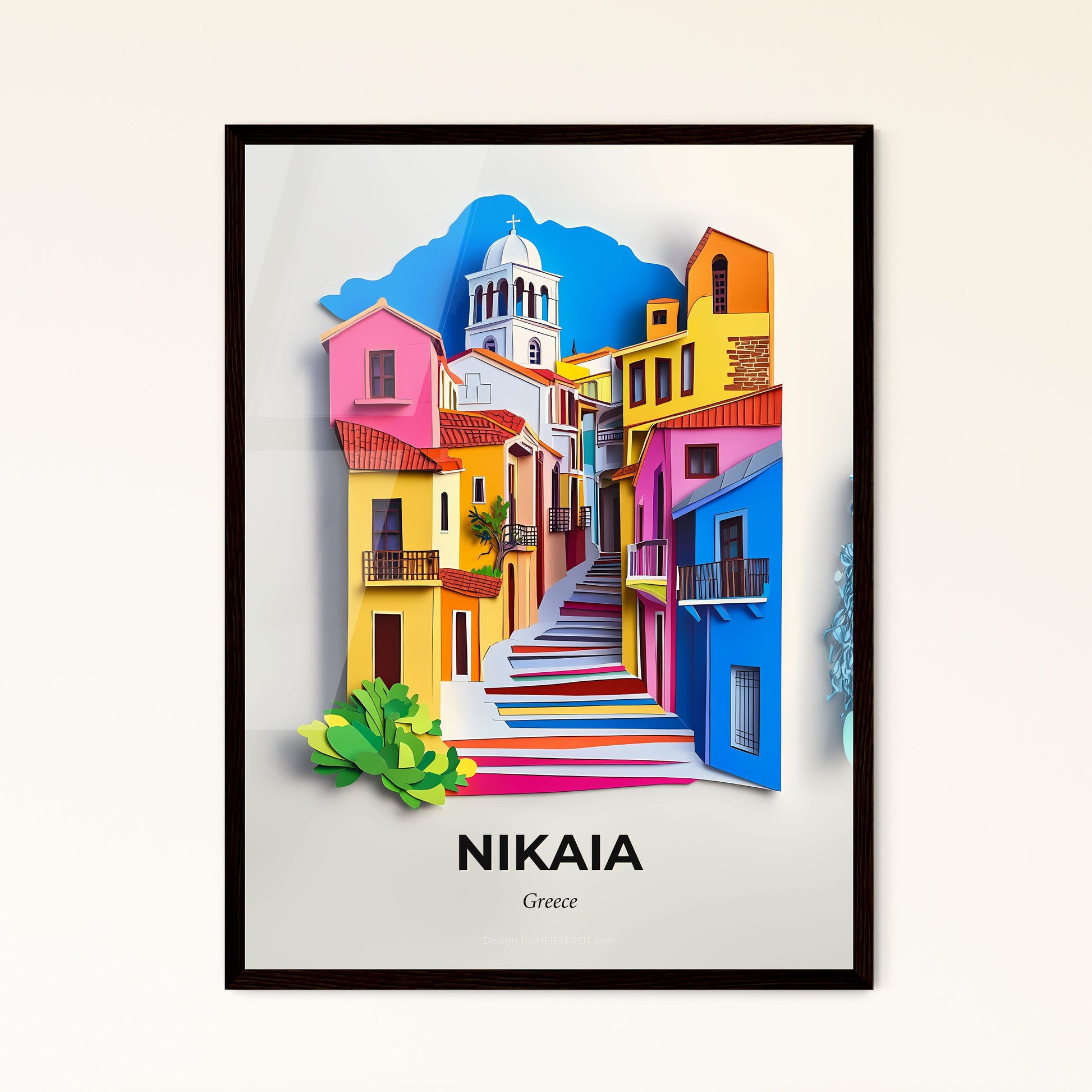 Vivid Nikaia, Greece - a colorful city with a clock tower on a wall