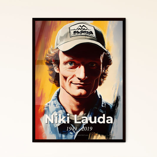 Portrait of Niki Lauda, 1949 - 2019. Impressionistic painting of a man wearing a hat.