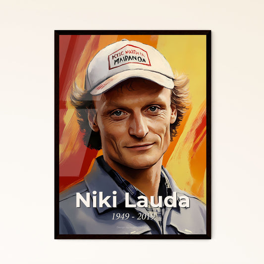 Portrait of Niki Lauda, 1949 - 2019. Impressionistic painting of a man wearing a hat.