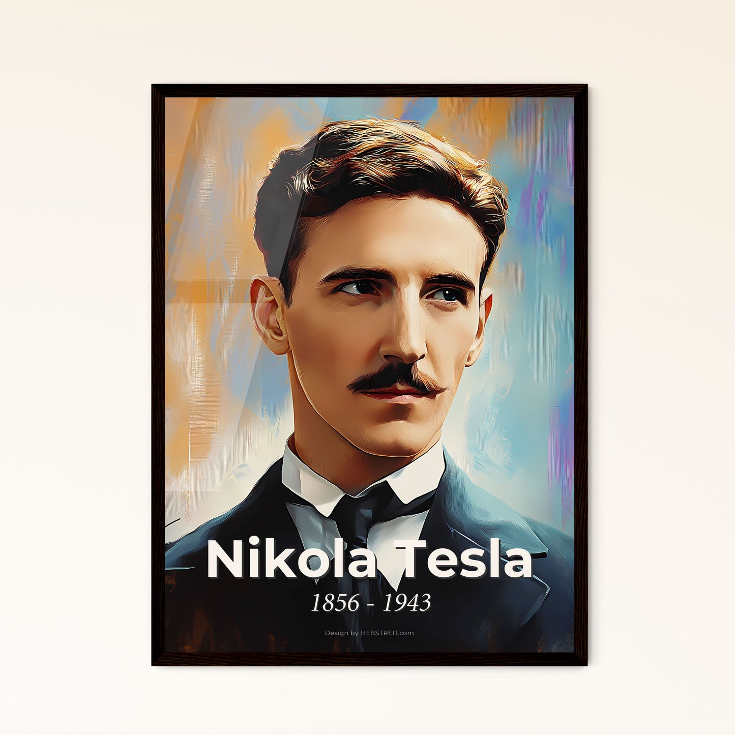 Portrait of Nikola Tesla, 1856 - 1943. Impressionistic painting of a man with a mustache.