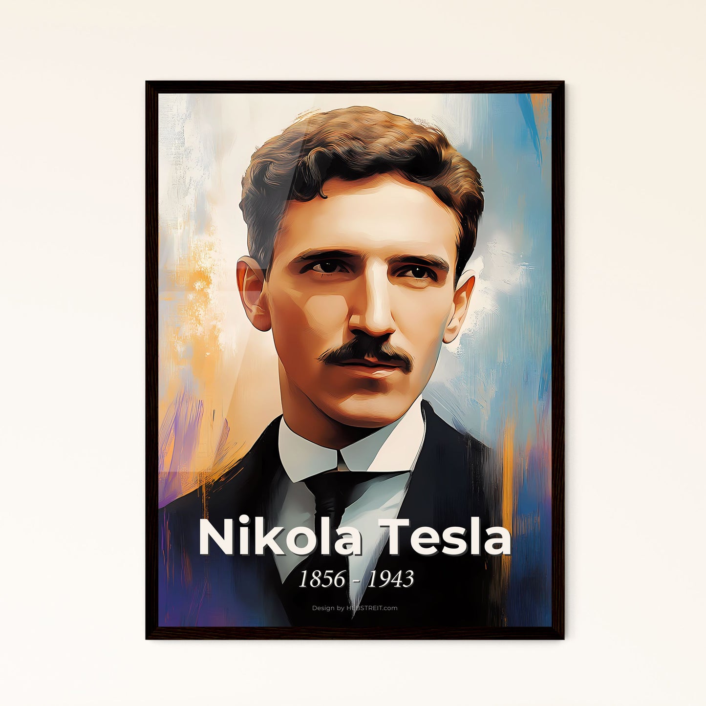 Portrait of Nikola Tesla, 1856 - 1943. Impressionistic painting of a man with a mustache.