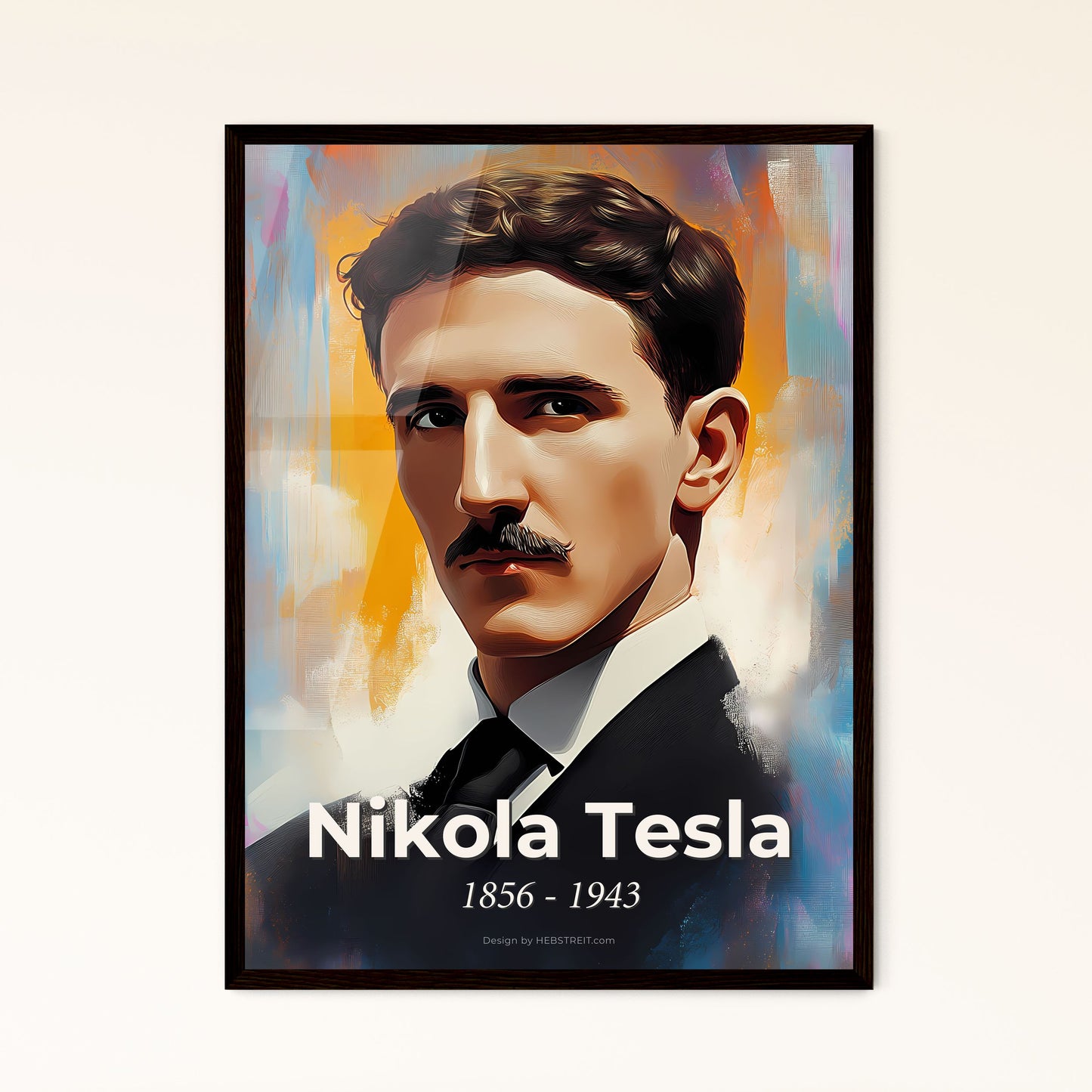 Portrait of Nikola Tesla, 1856 - 1943. Impressionistic painting of a man with a mustache.