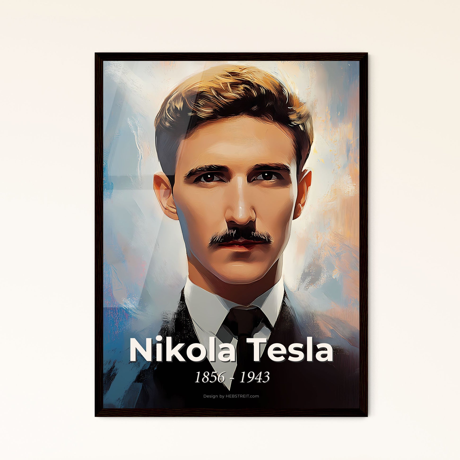 Portrait of Nikola Tesla, 1856 - 1943. Impressionistic painting of a man with a mustache.