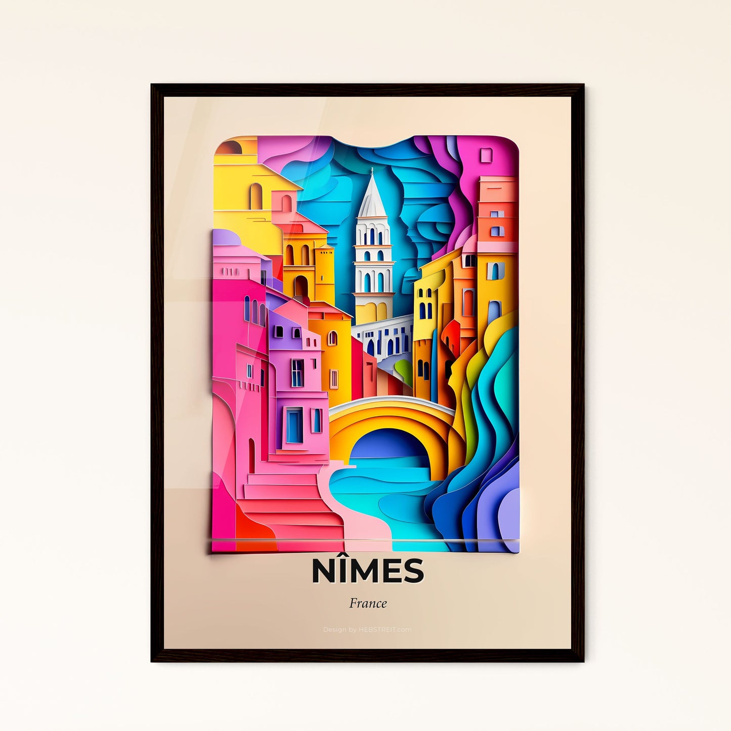 Vivid Nîmes, France - a colorful city with a bridge and a clock tower