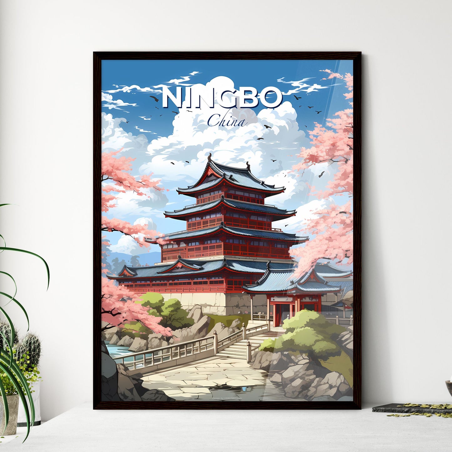 Ningbo China Traditional Art - Painting with Pagoda and Pink Flowers Default Title