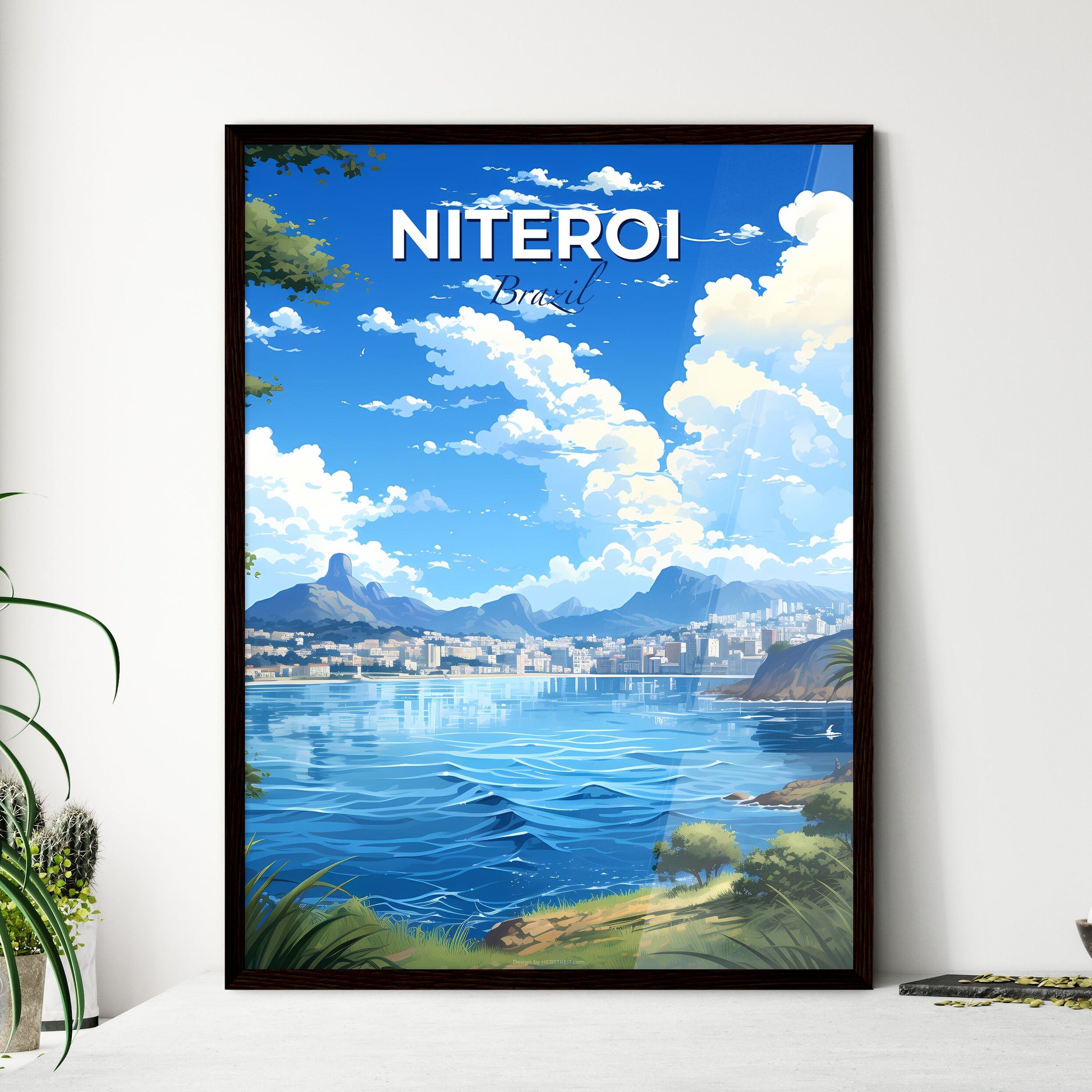 Colorful Cityscape Painting: Niteroi Brazil Skyline with Water and Greenery Default Title