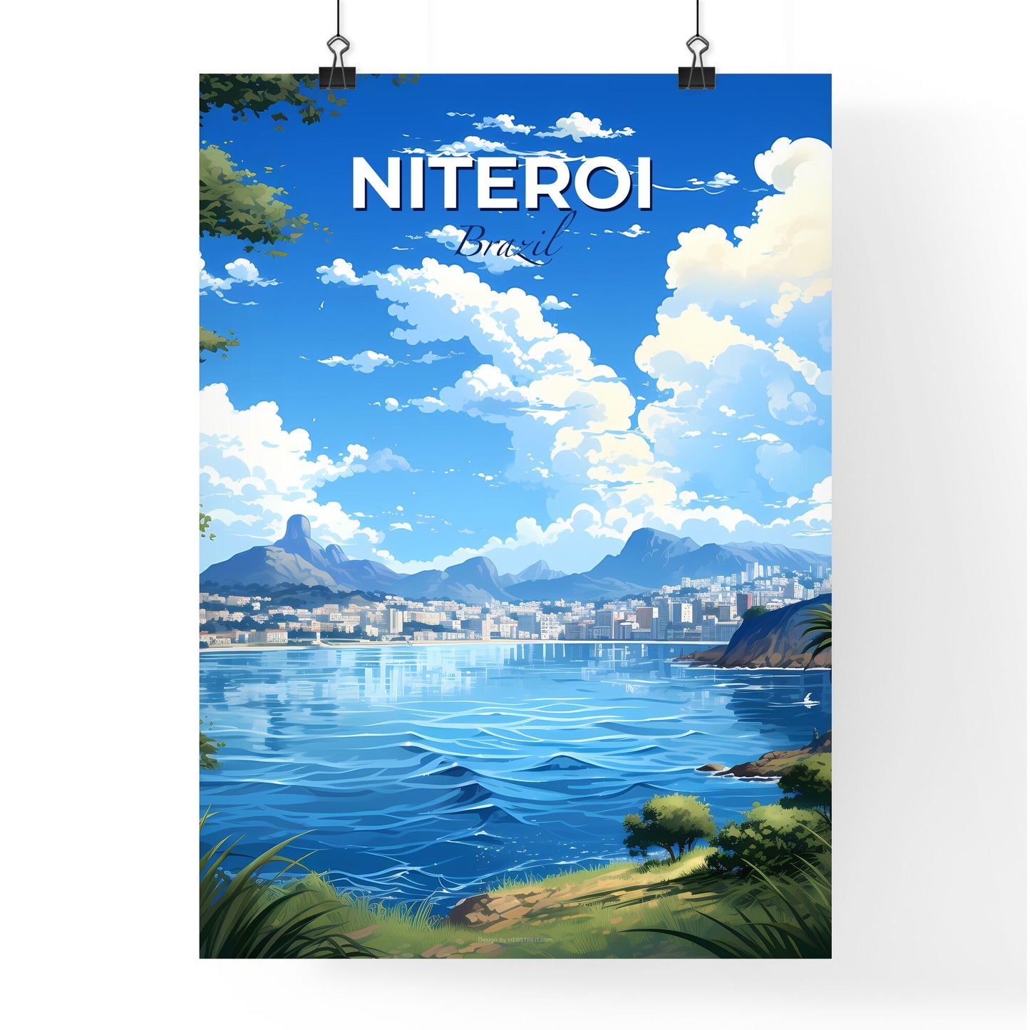 Colorful Cityscape Painting: Niteroi Brazil Skyline with Water and Greenery Default Title