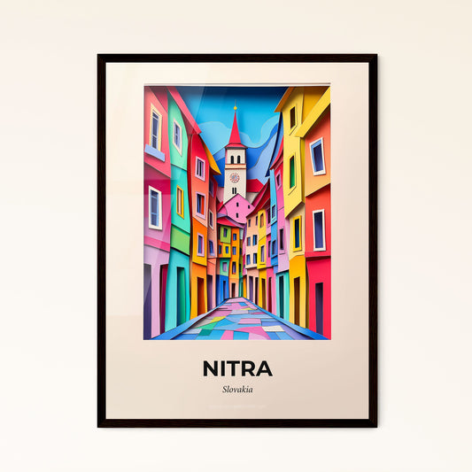 Vivid Nitra, Slovakia - a colorful city street with a clock tower