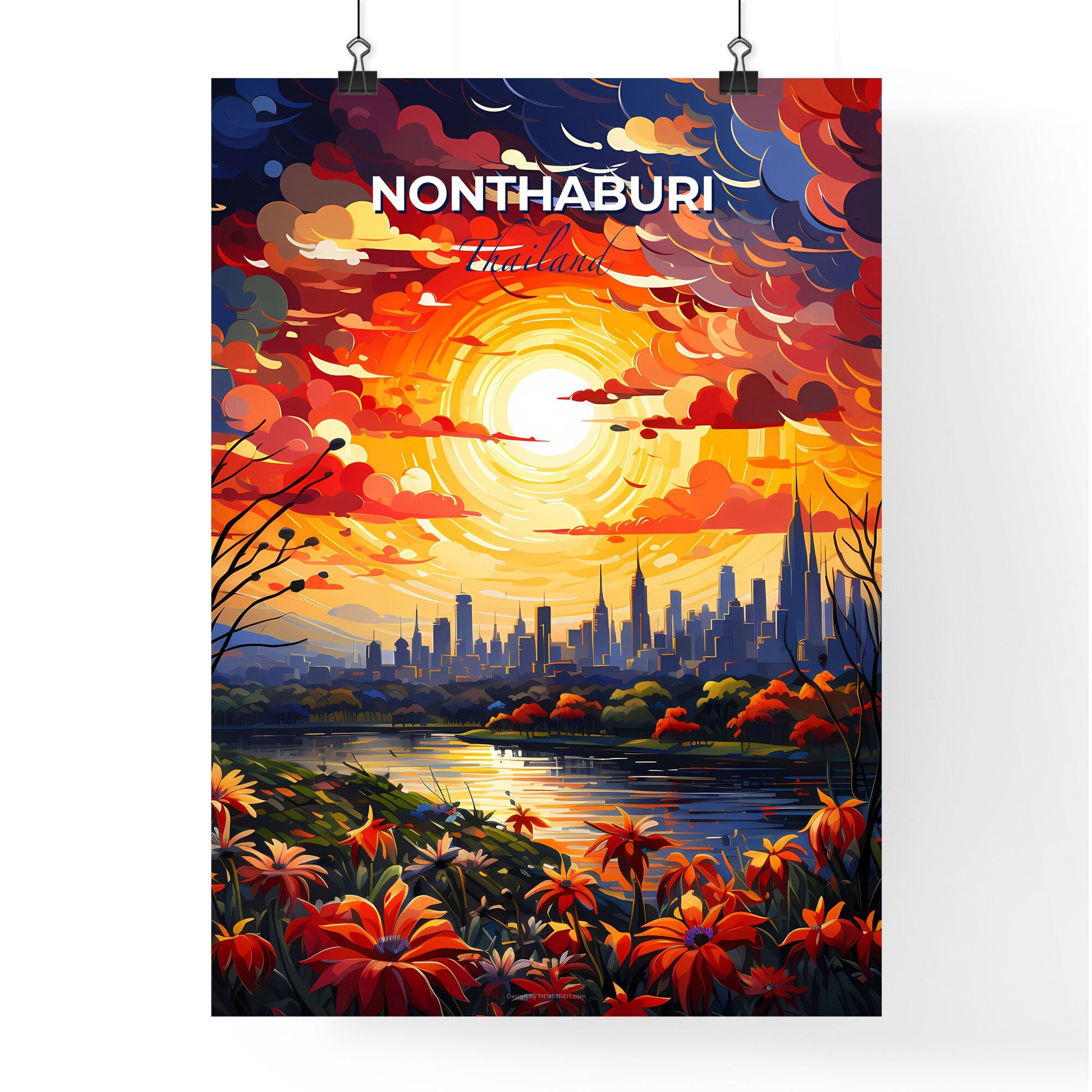 Vivid Sunset Over Nonthaburi Thailand City Skyline - Colorful Impressionistic Painting Photography Default Title