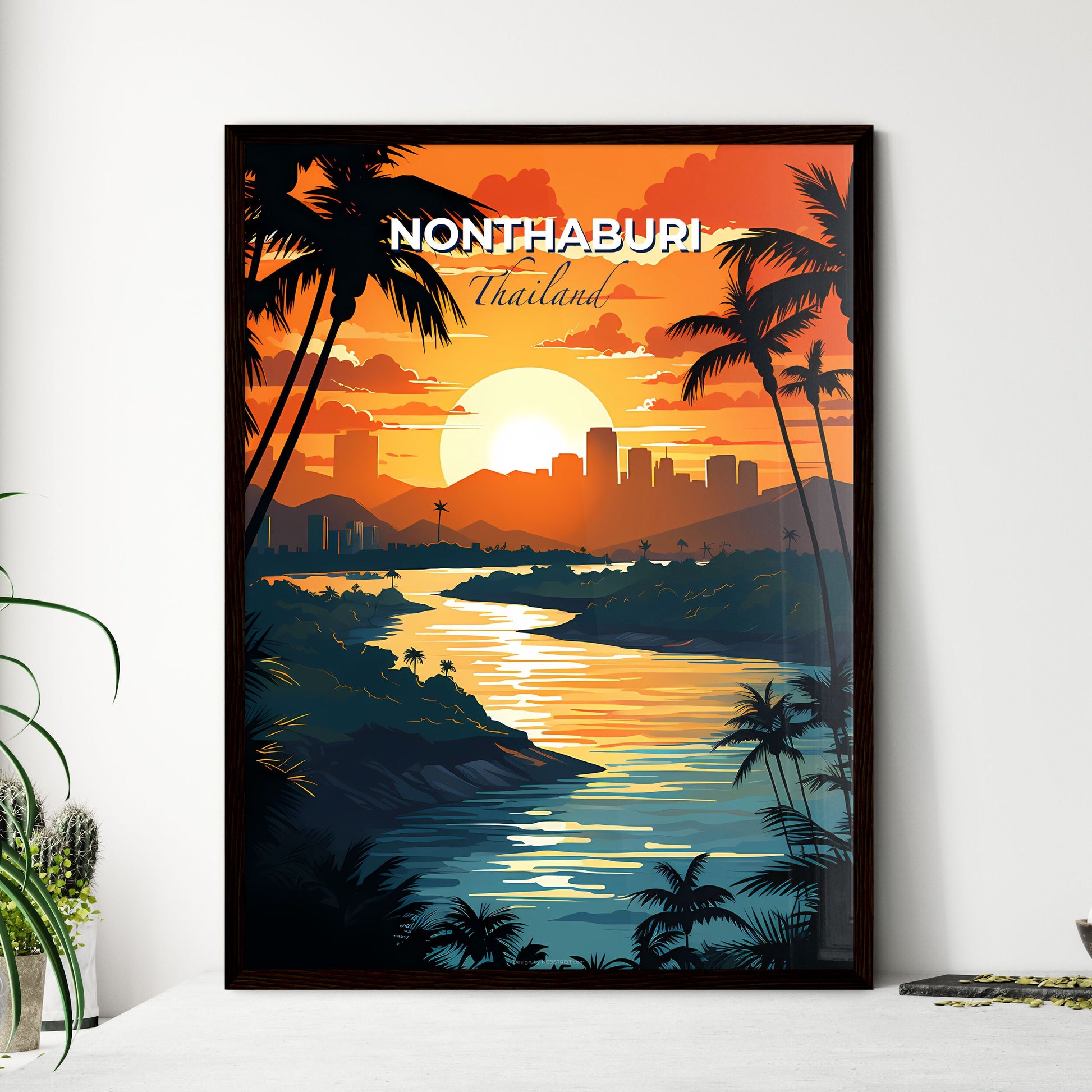 Nonthaburi Thailand Skyline Sunset River Palm Trees Contemporary Digital Art Painting Default Title