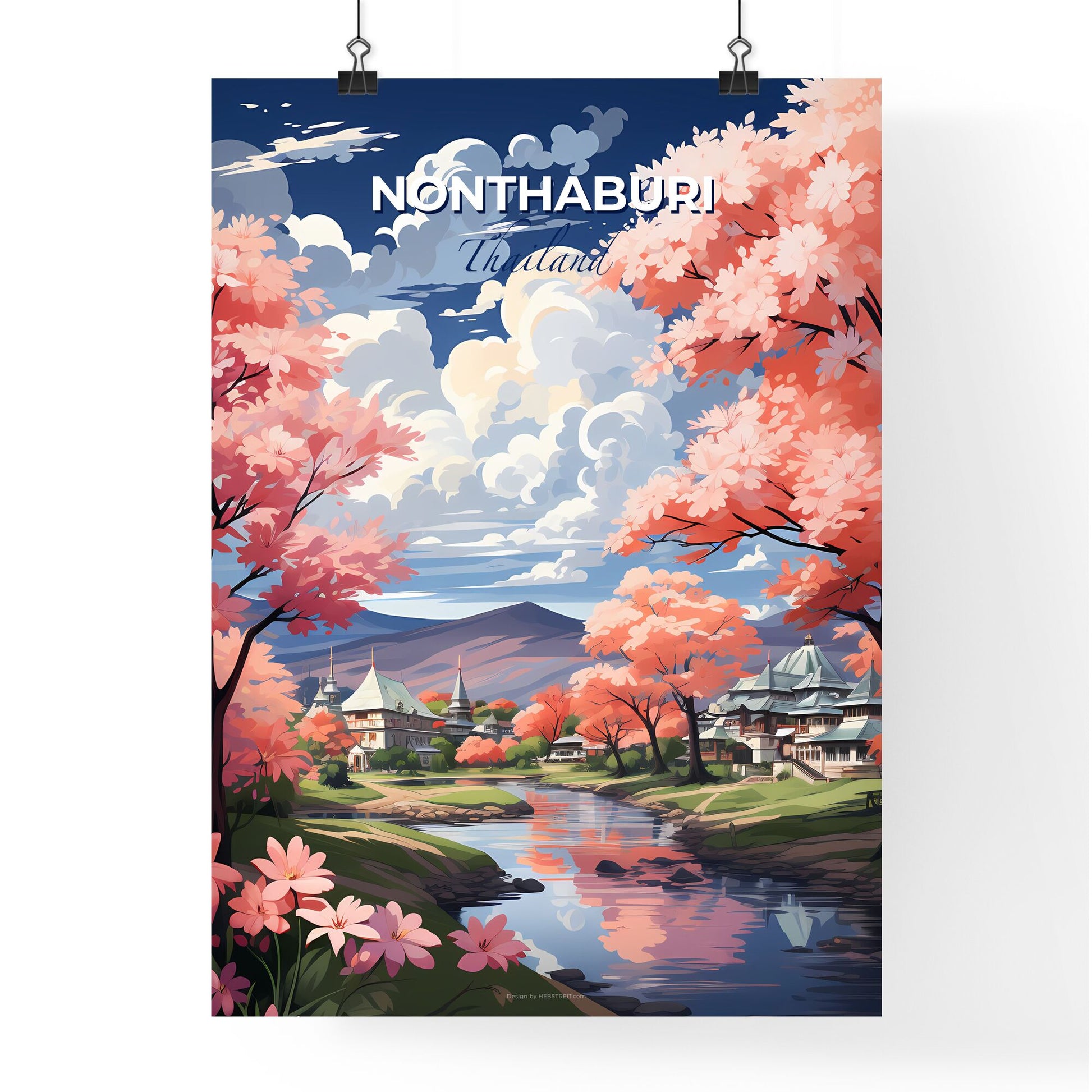 Nonthaburi City Riverfront Scene Featuring Vibrant Pink Vegetation and Buildings on Canvas This title includes keywords like: Nonthaburi, city, riverfront, skyline, pink trees, buildings, painting, art Default Title