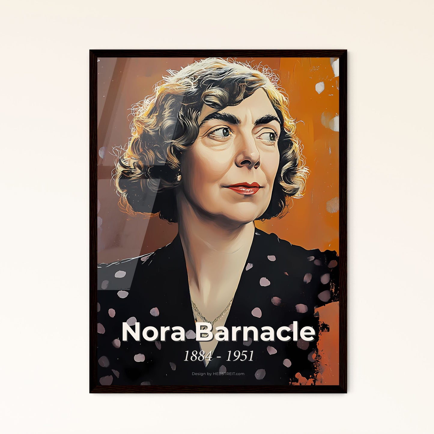 Portrait of Nora Barnacle, 1884 - 1951. Impressionistic painting of a woman with curly hair wearing a polka dot shirt.