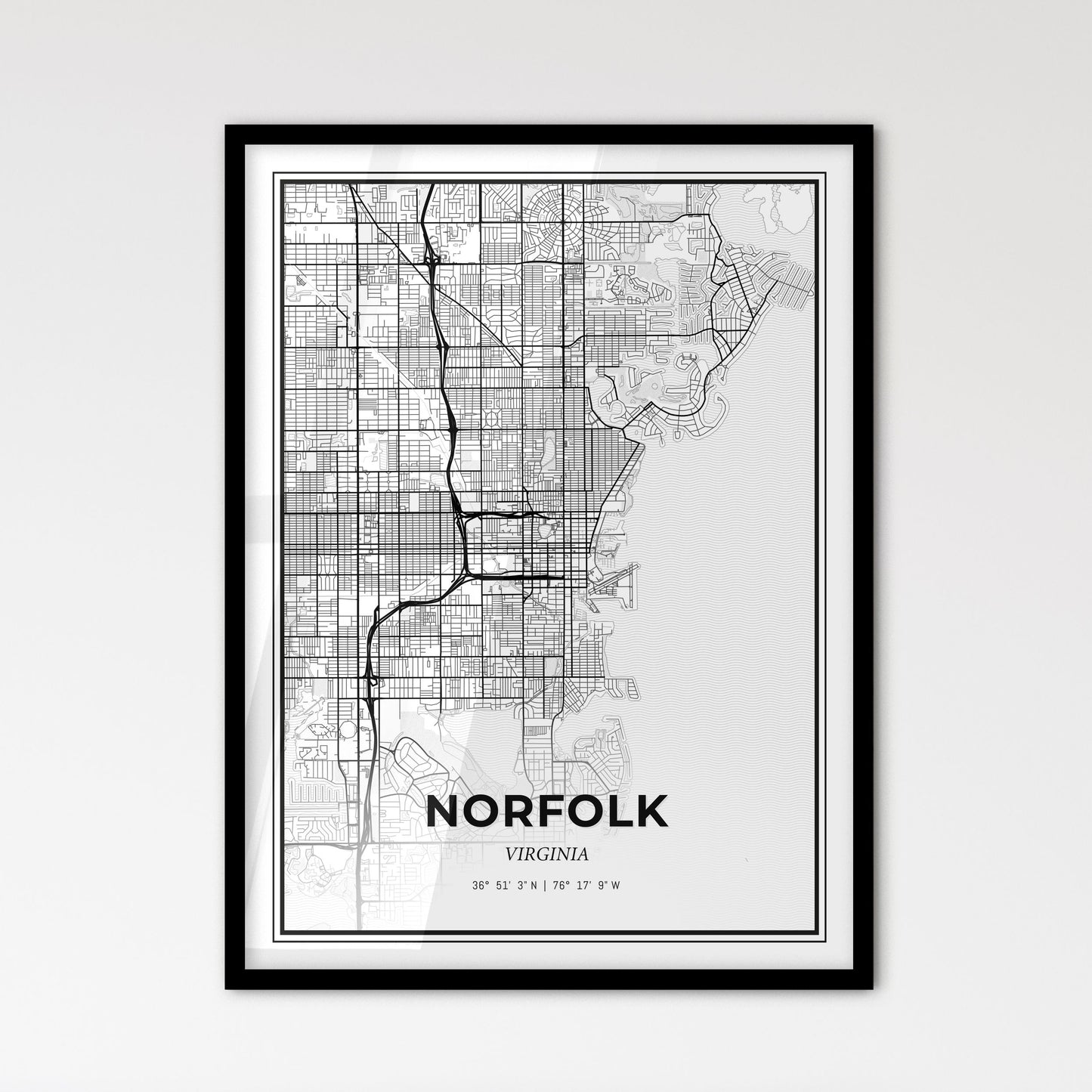 Norfolk Virginia - Scandinavian Style City Map for Modern Home Decor