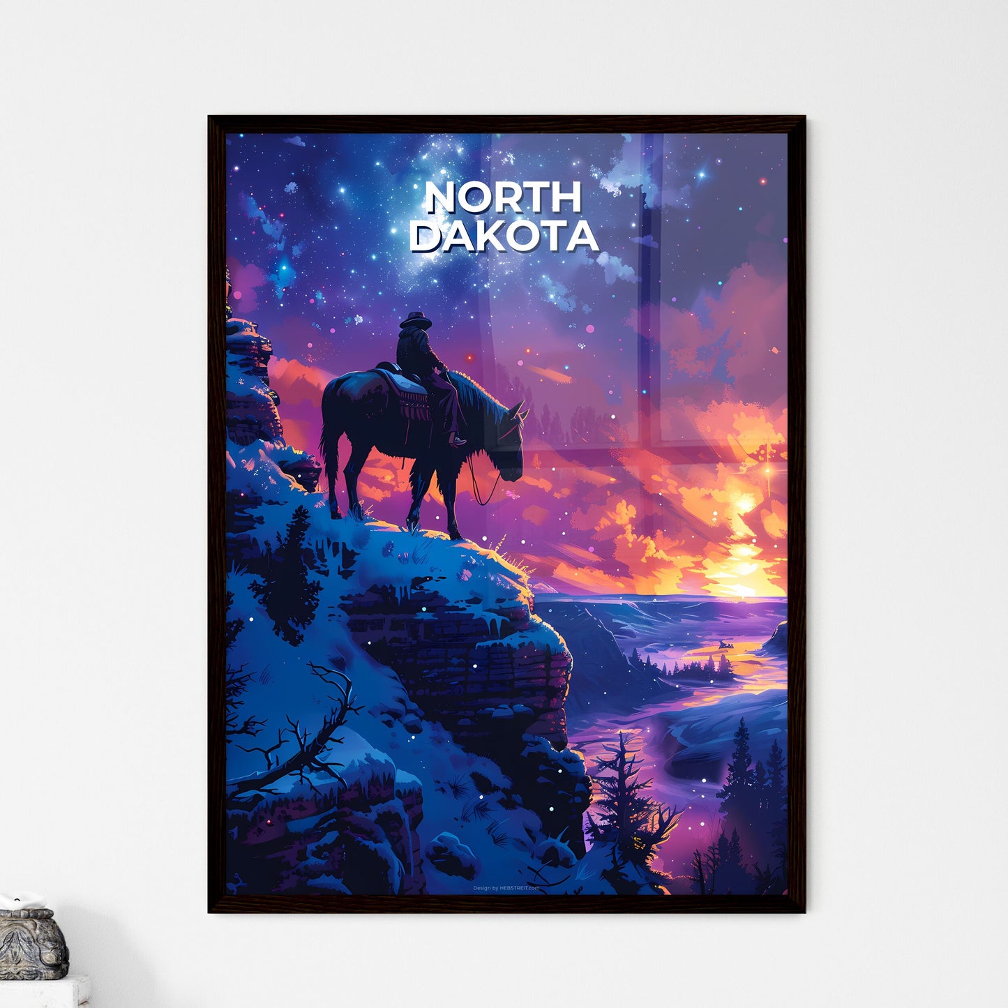 Vibrant Equestrian Art: Person on Horse Admiring Sunset in North Dakota, USA