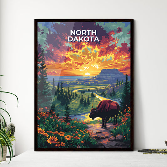 Vibrant North Dakota Buffalo Sunset Painting: Artful Stock Image with Flowers, Trees, and Western Landscape