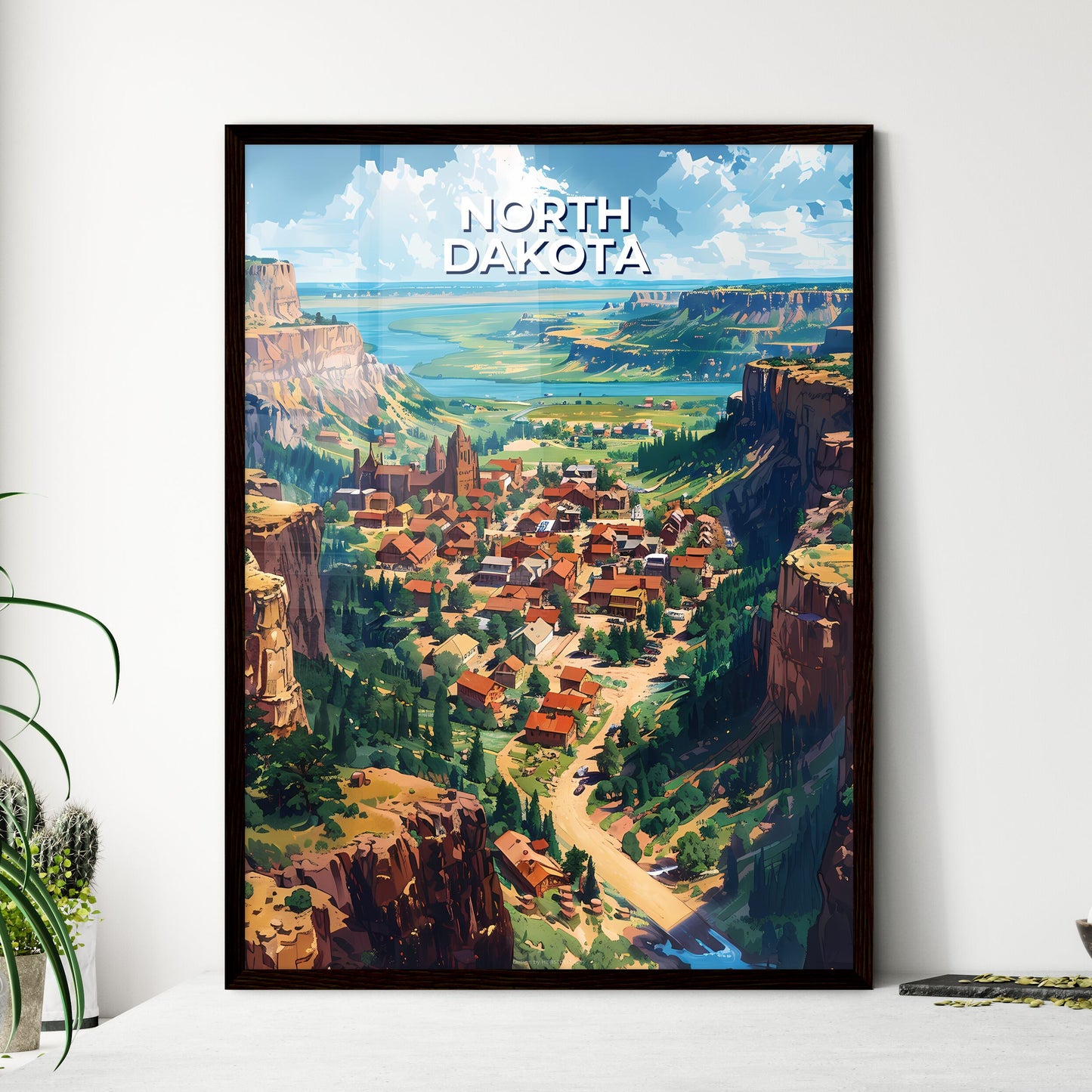 Vibrant Painting of a Town Nestled in a Picturesque Canyon, North Dakota, USA Framed Art