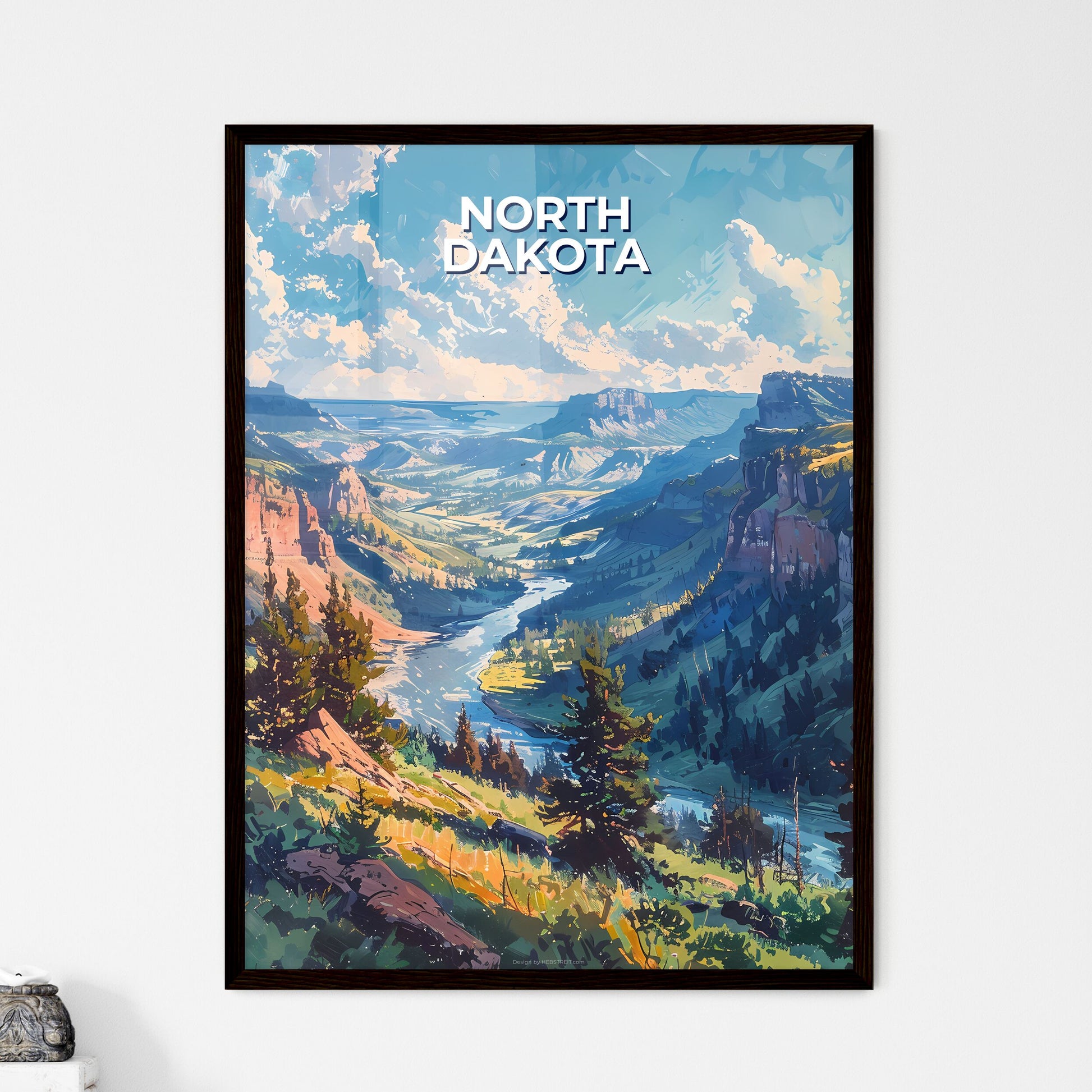 North Dakota River Mountains Abstract Painti - Framed Art Print