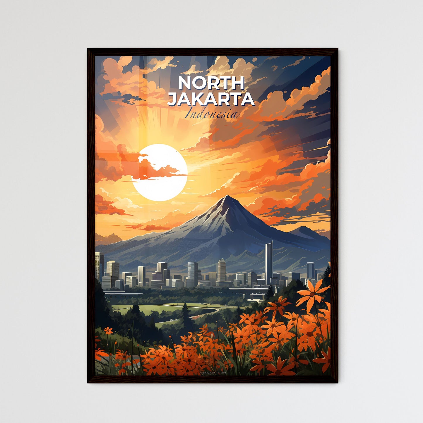 Modern Art Painting of North Jakarta Indonesia Skyline City with Mountain Default Title