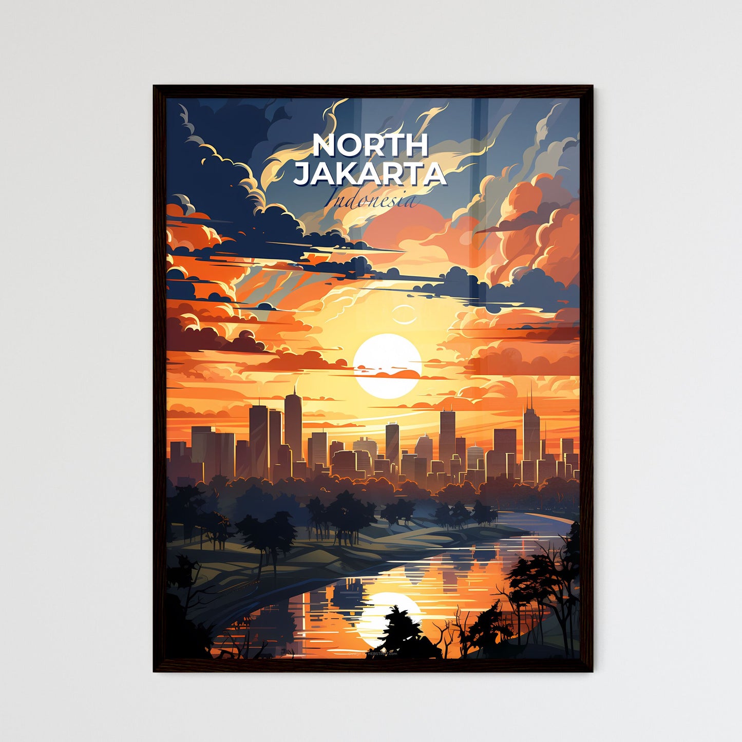 Vibrant Abstract Skyline Painting of North Jakarta Indonesia Cityscape at Sunset Default Title