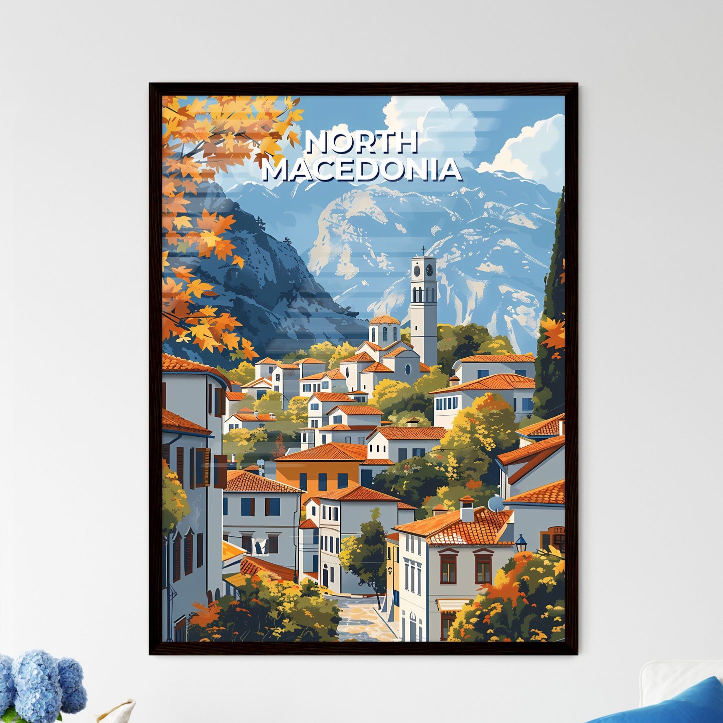 Vibrant Colorful Cityscape Painting Town Buildings Trees North Macedonia Europe Framed Art