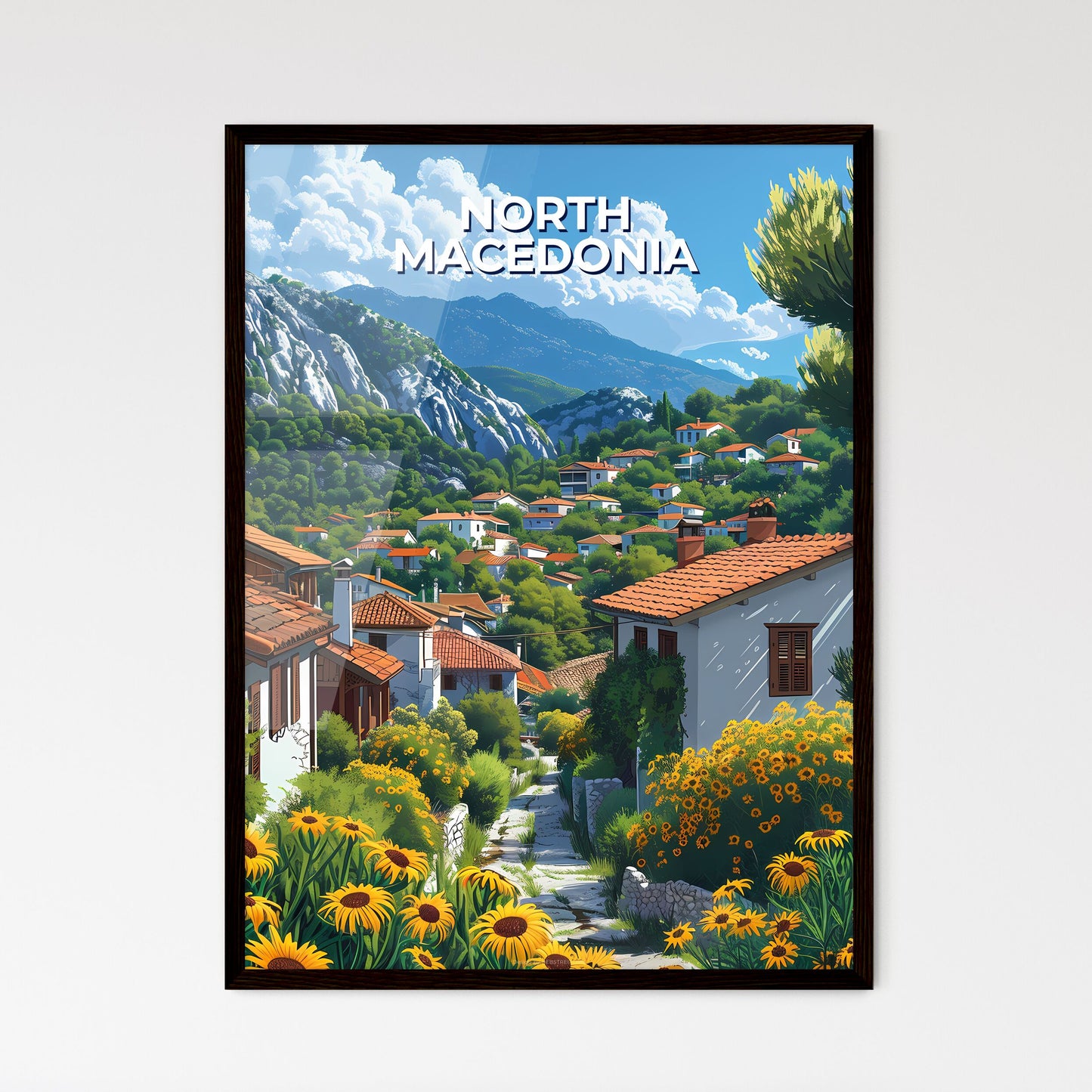 Vibrant Village Path, North Macedonia, Europe, Travel, Colorful Painting, Rural, Traditional Homes, Scenic, Art, Landscape Framed Art
