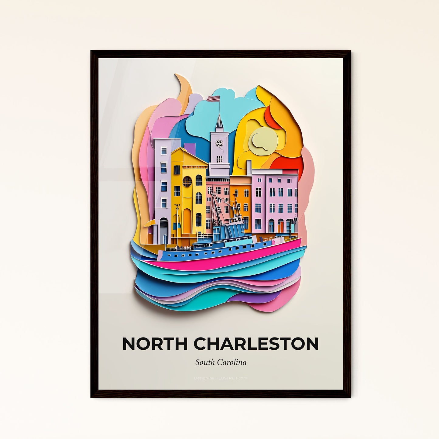 Vivid North Charleston, South Carolina - a paper cut of a city with a boat