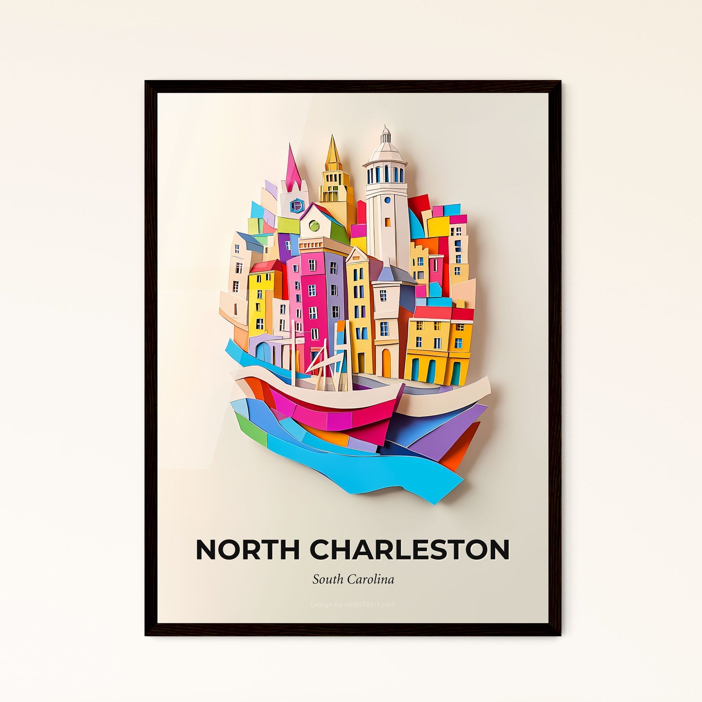 Vivid North Charleston, South Carolina - a paper cut of a boat with a city on it