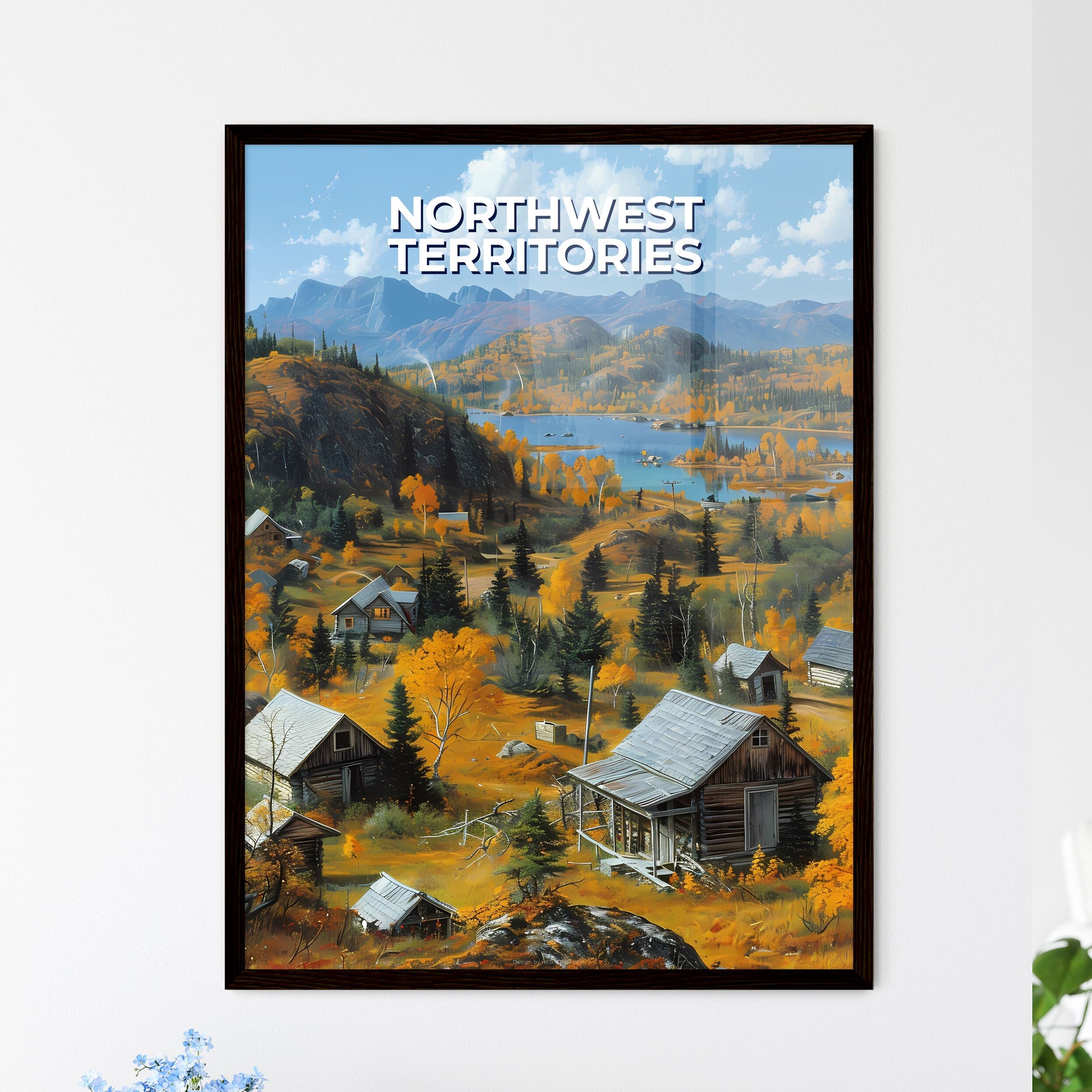 Landscape Painting: Northwest Territories, Canada - Houses, Mountains, Nature, Artwork Framed Art