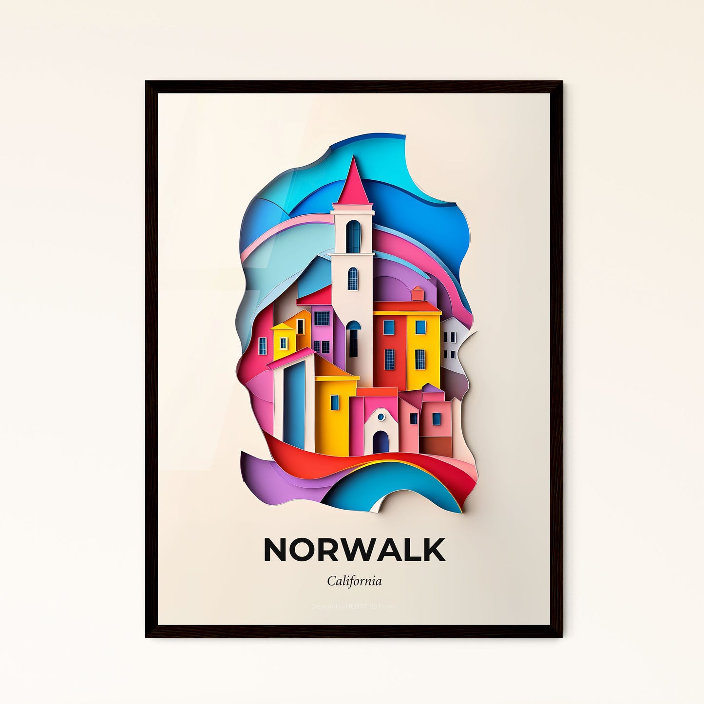 Vivid Norwalk, California - a paper cut of a colorful city with a clock tower