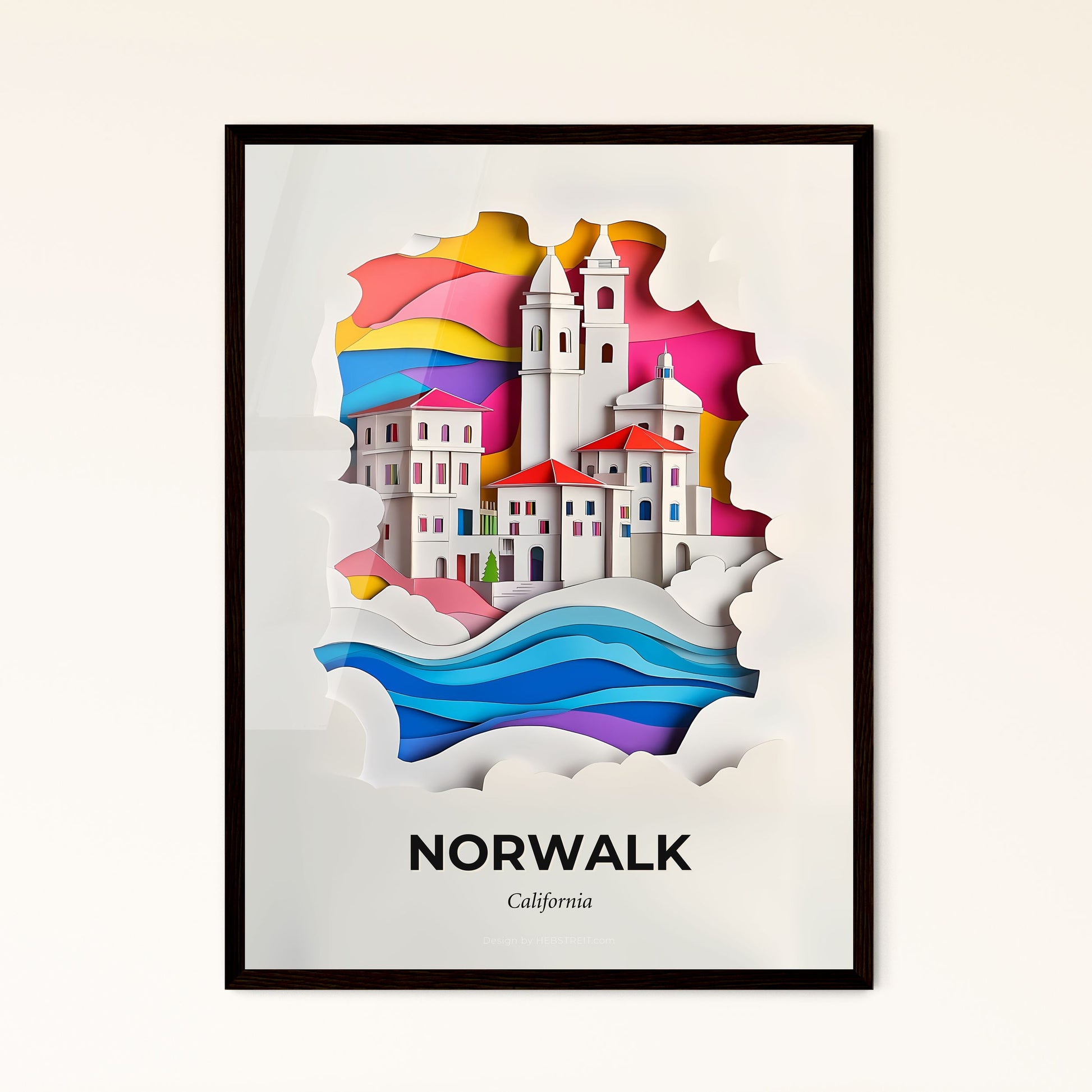 Vivid Norwalk, California - a paper cut of a city with a rainbow sky