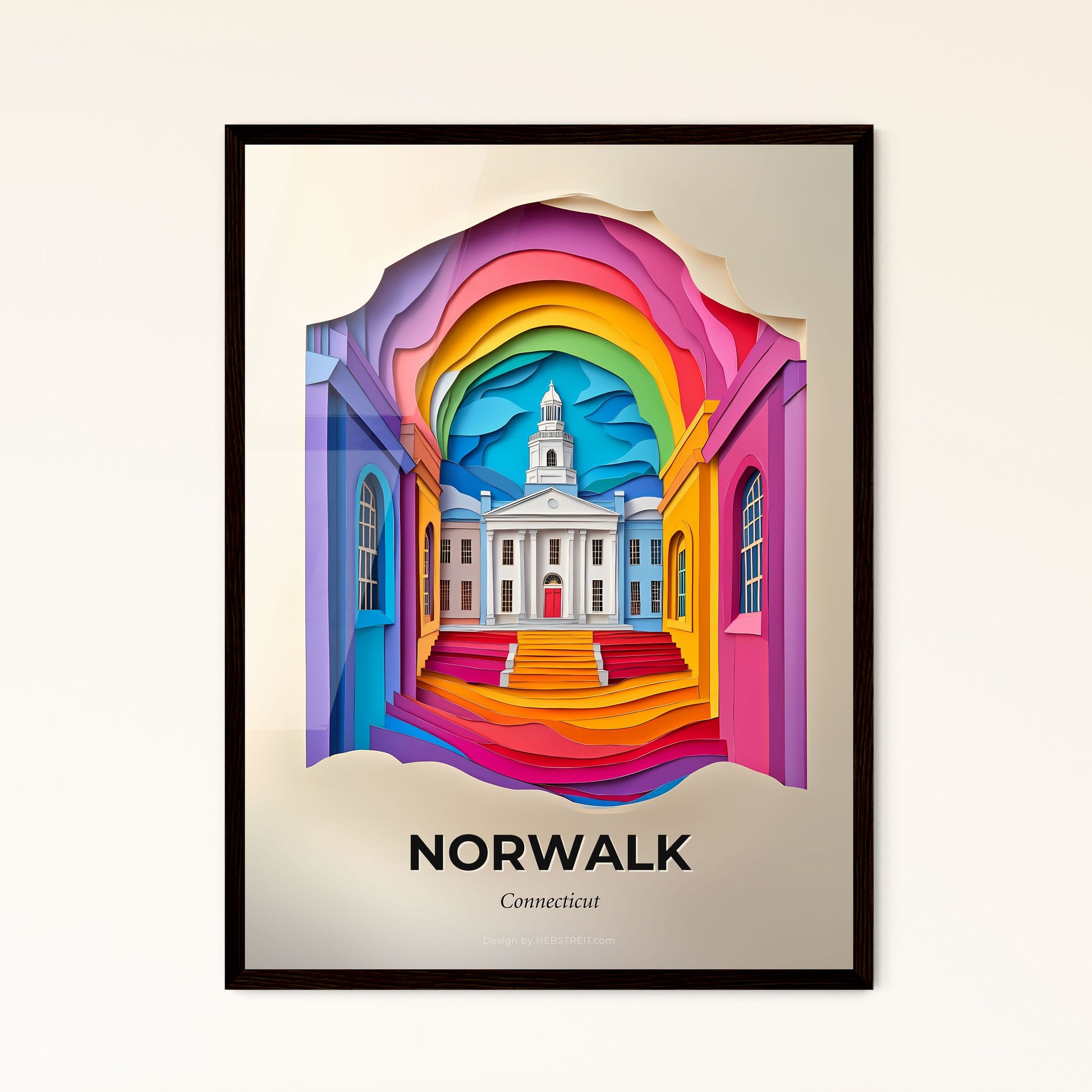 Vivid Norwalk, Connecticut - a paper cut of a church with a rainbow