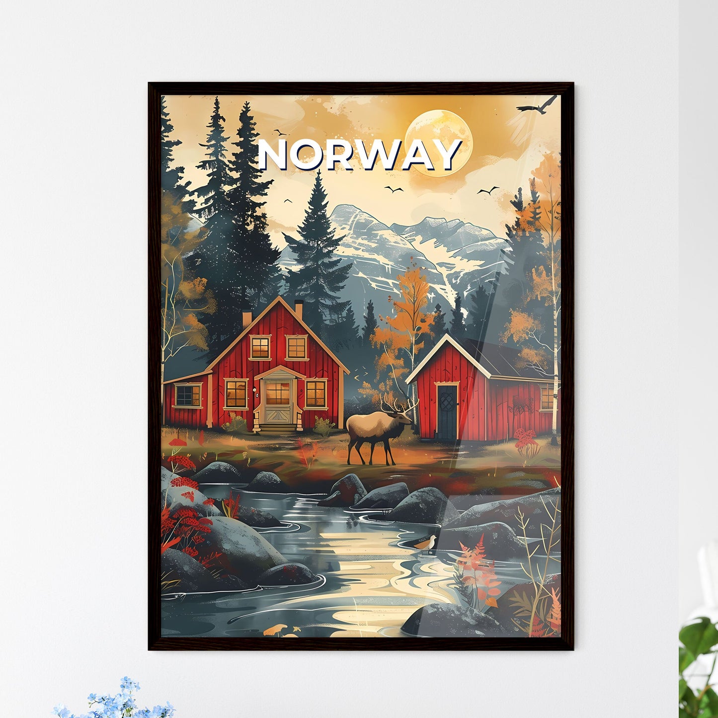 Moose painting, red house, Norway, Europe, vibrant, art, acrylic, canvas