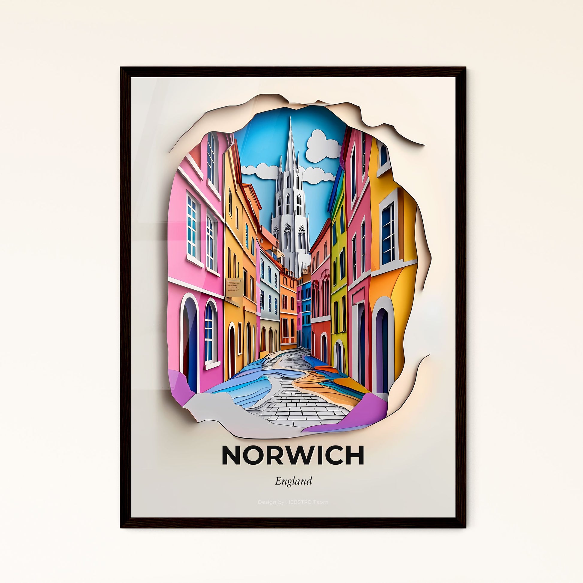 Vivid Norwich, England - a paper cut of a street with a church in the background